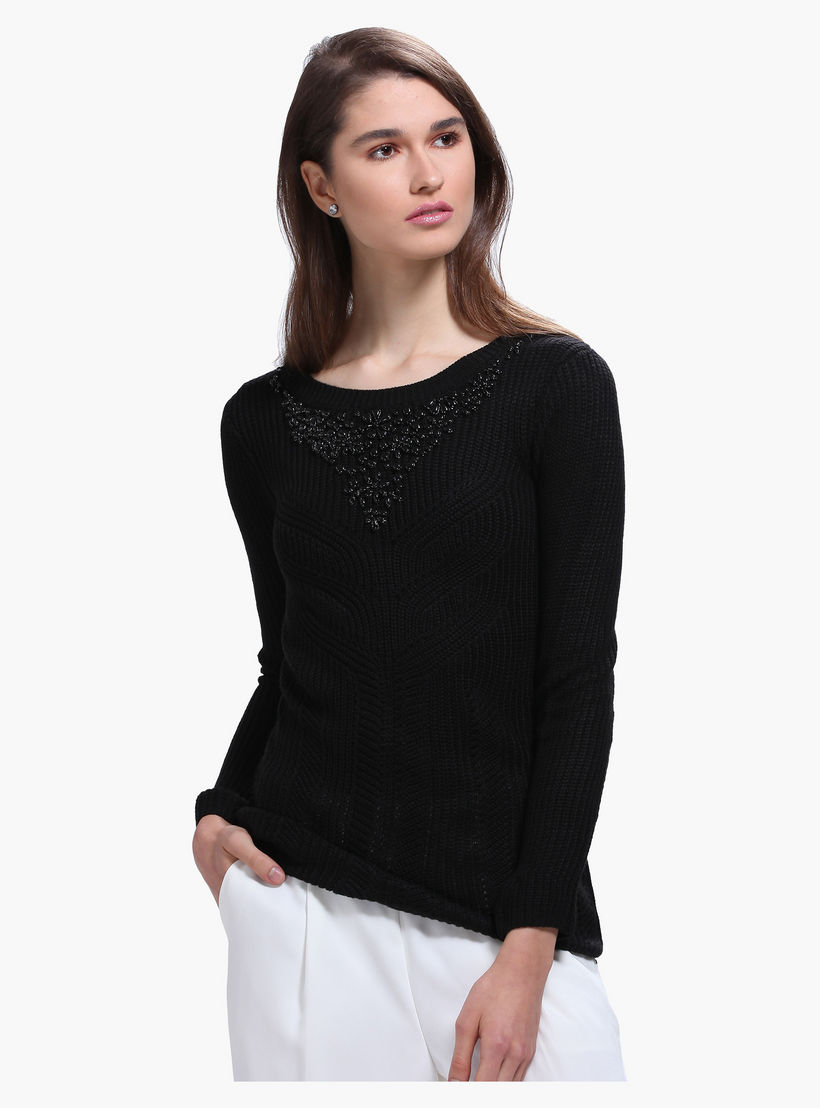 Elle Embellished Sweater with Round Neck and Long Sleeves-women-clothing-cardigansandjumpers-jumpers-image-1