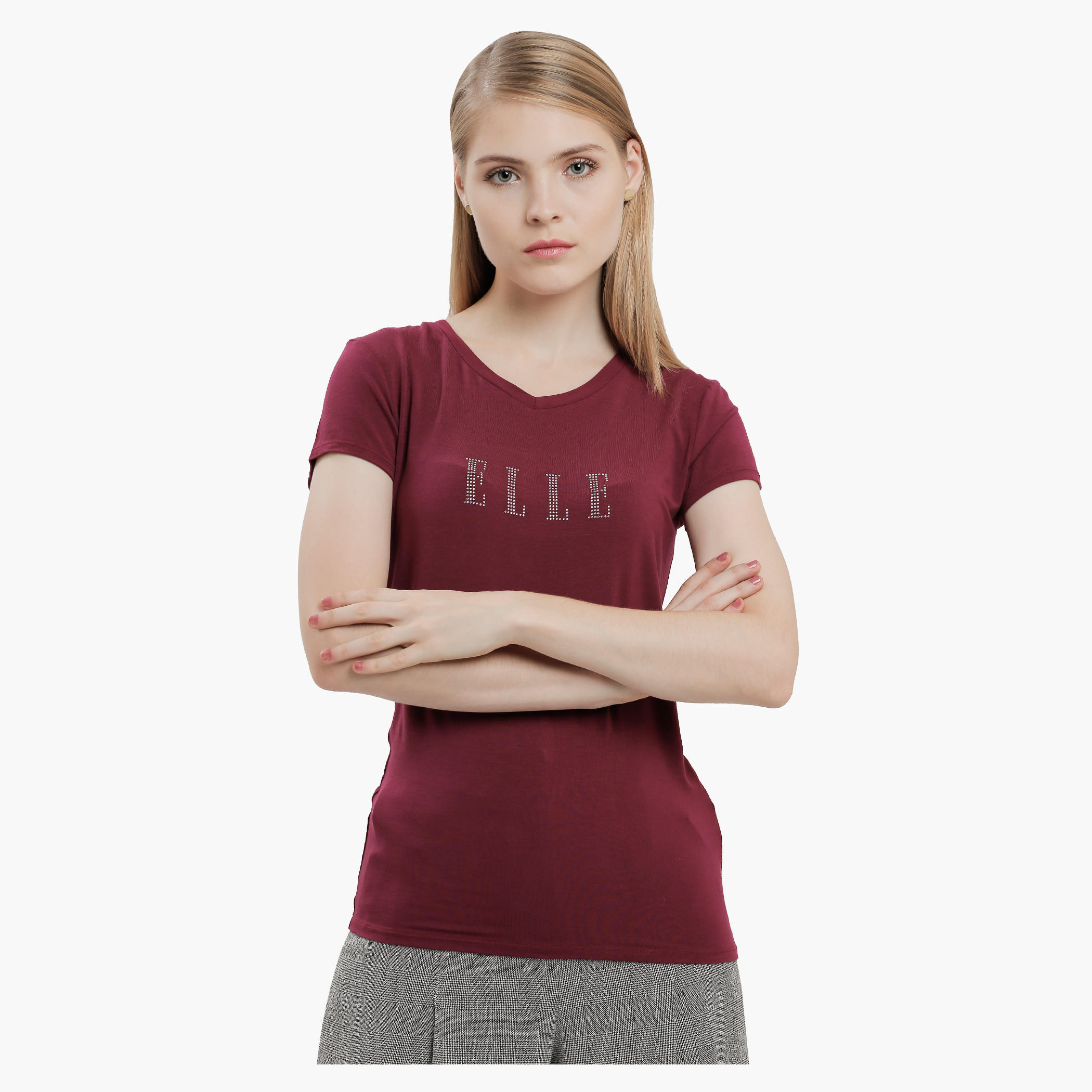 Elle V-Neck T-Shirt with Short Sleeves in Regular Fit-women-clothing-tshirts-image-1