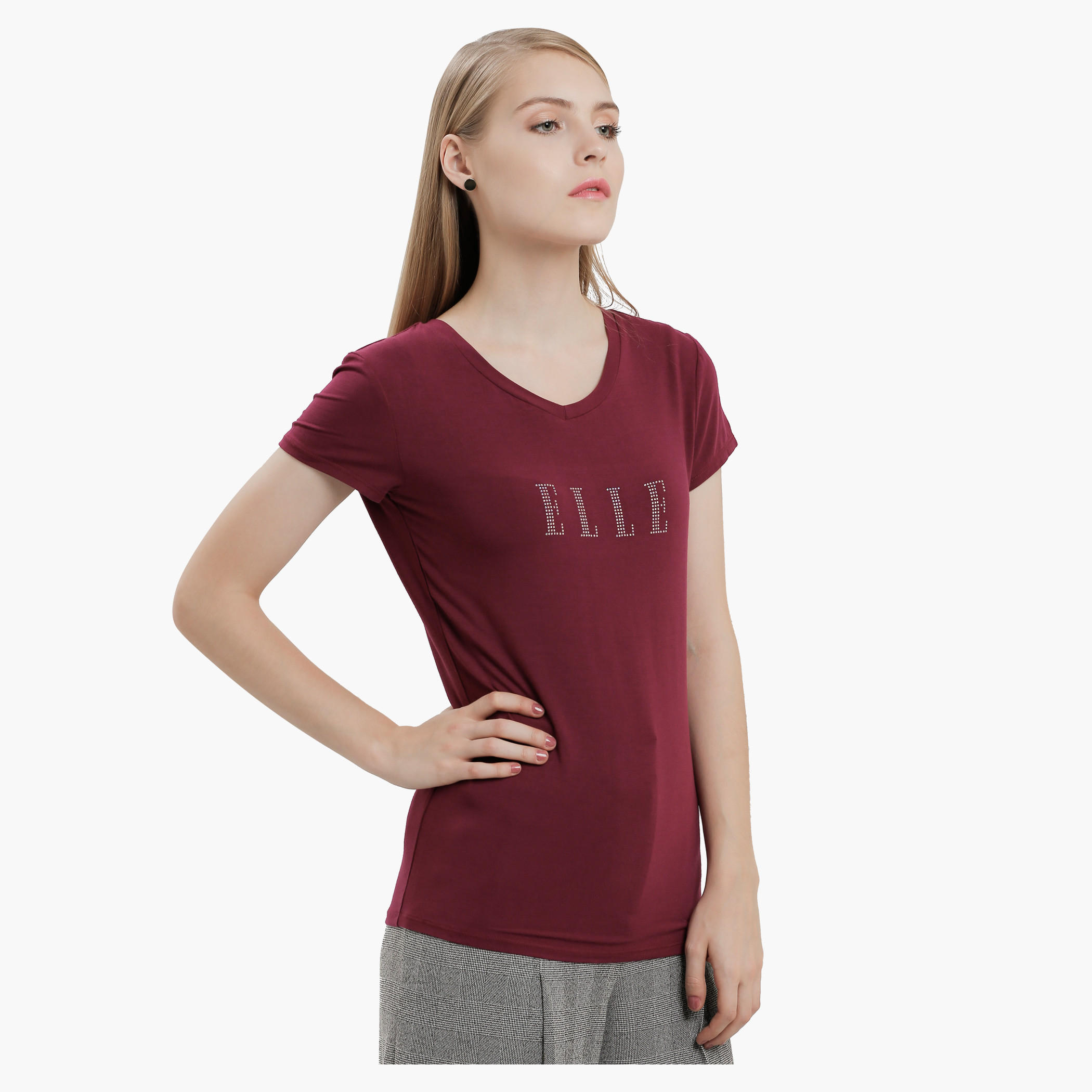Elle V-Neck T-Shirt with Short Sleeves in Regular Fit-women-clothing-tshirts-image-3