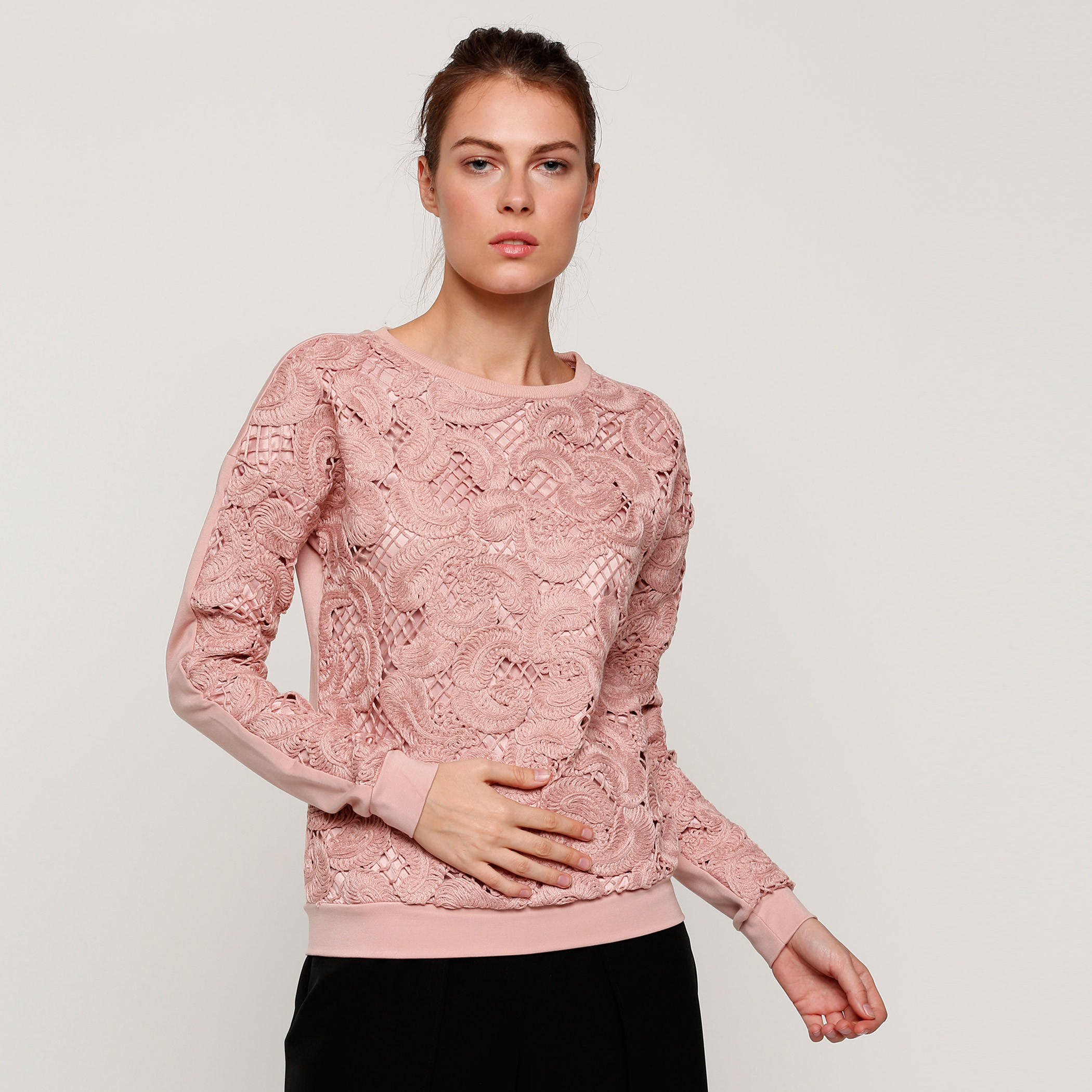 Elle Lace Detail Round Neck Sweater with Long Sleeves-women-clothing-cardigansandjumpers-jumpers-image-1