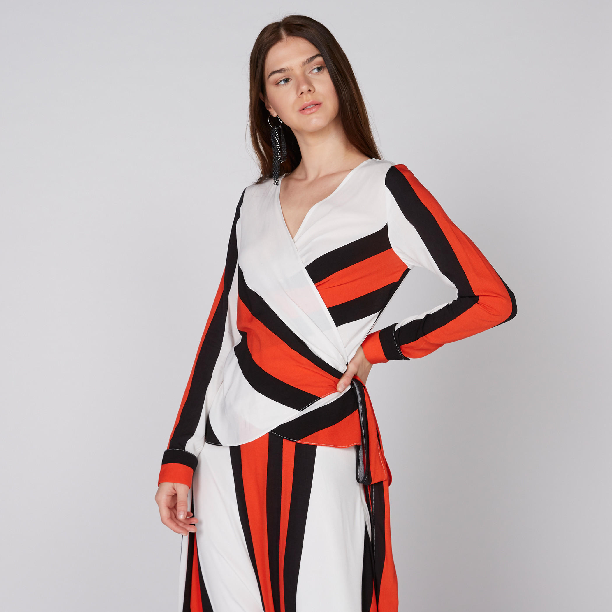 Elle Striped Top with V-Neck and Long Sleeves-women-clothing-shirtsandblouses-blouses-image-1