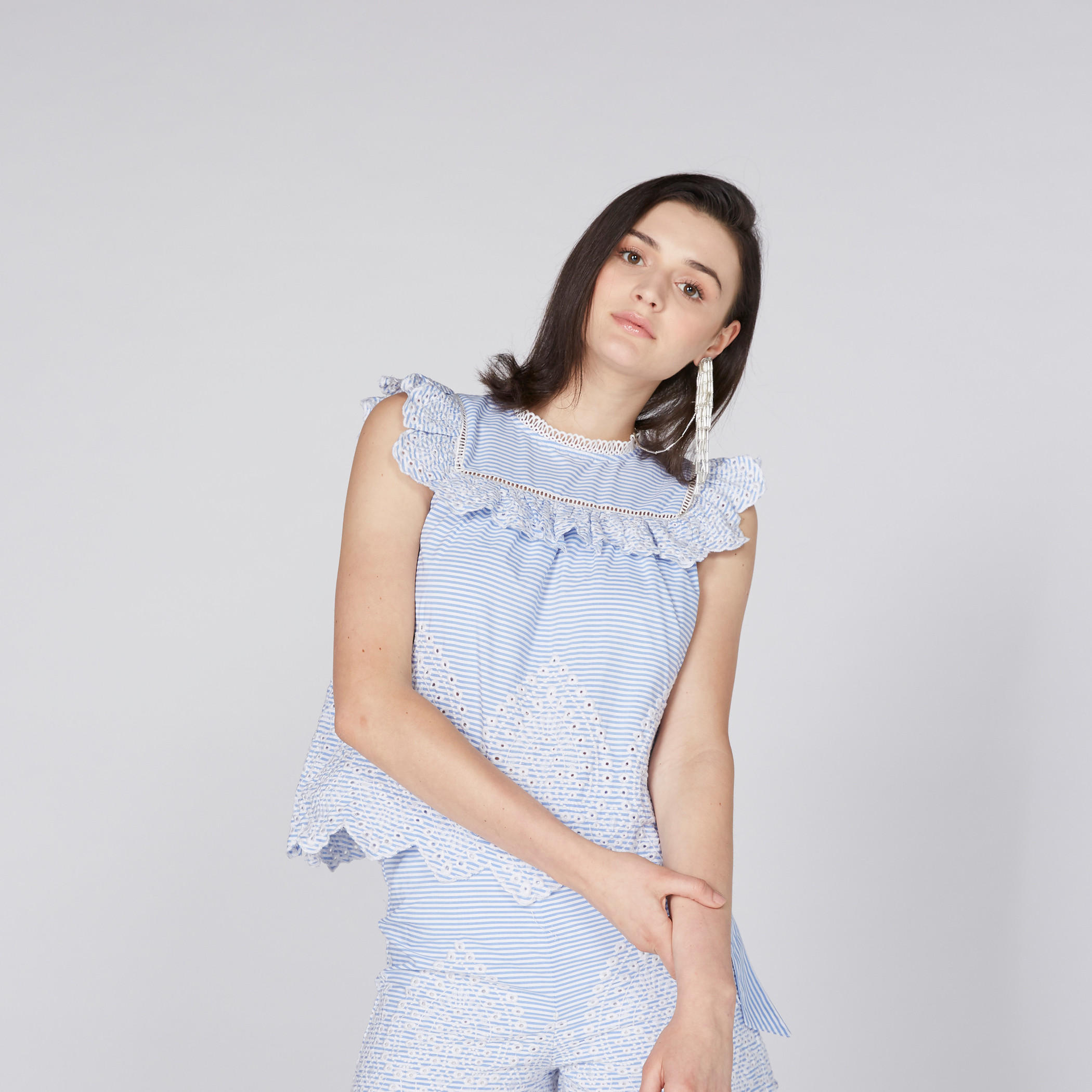 Elle Striped Top with Schiffli Detail and Zip Closure-women-clothing-shirtsandblouses-blouses-image-2