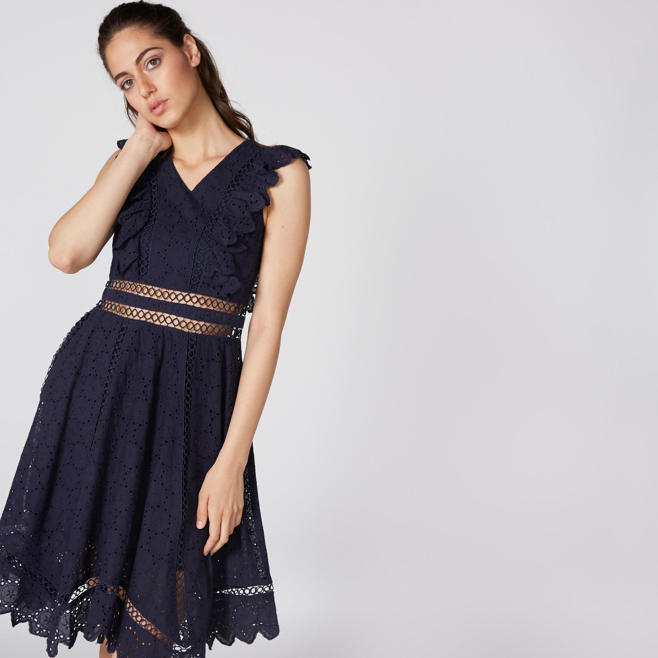 Elle Schiffli Midi Dress with V-Neck and Ruffle Detail-women-clothing-dresses-image-2