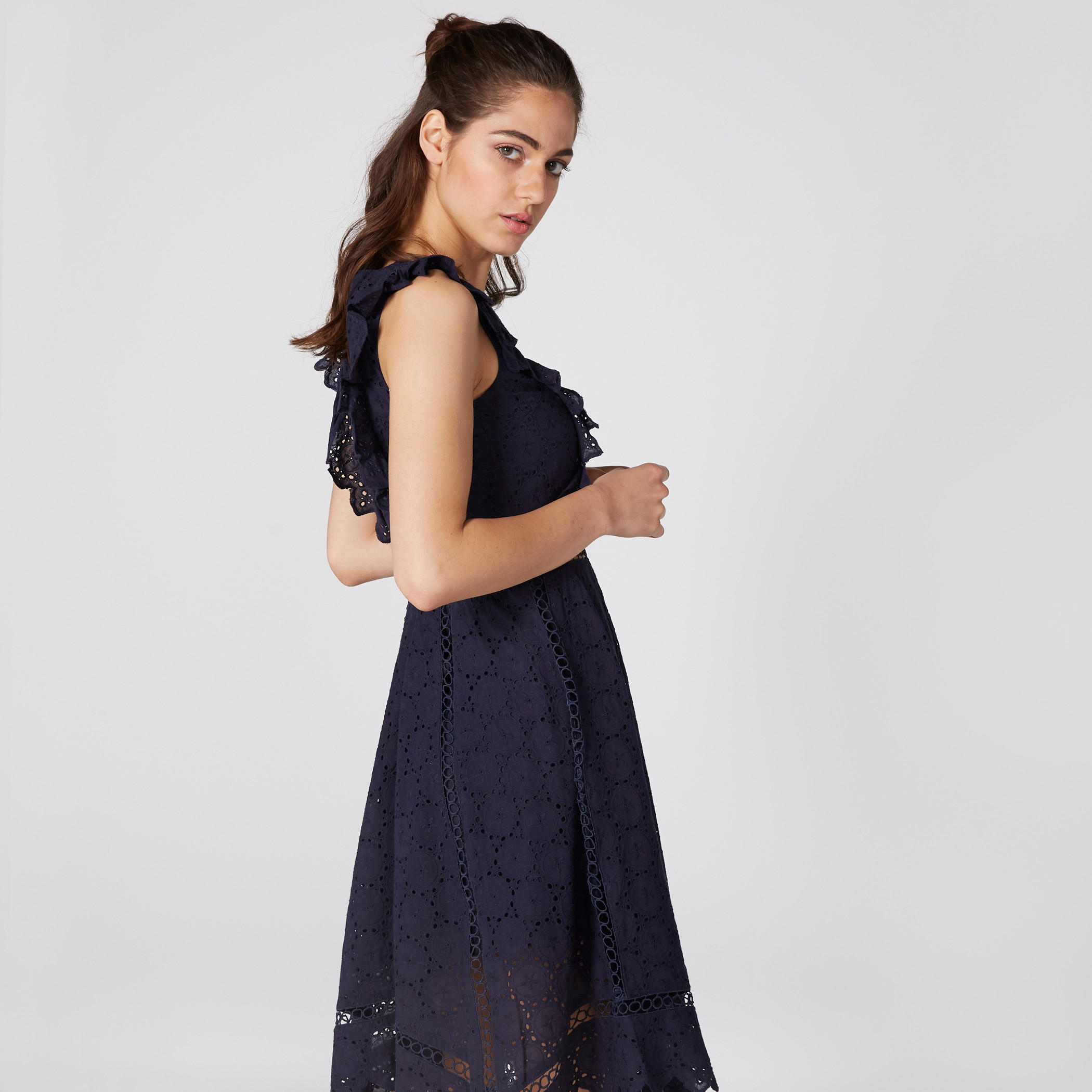 Elle Schiffli Midi Dress with V-Neck and Ruffle Detail-women-clothing-dresses-image-5