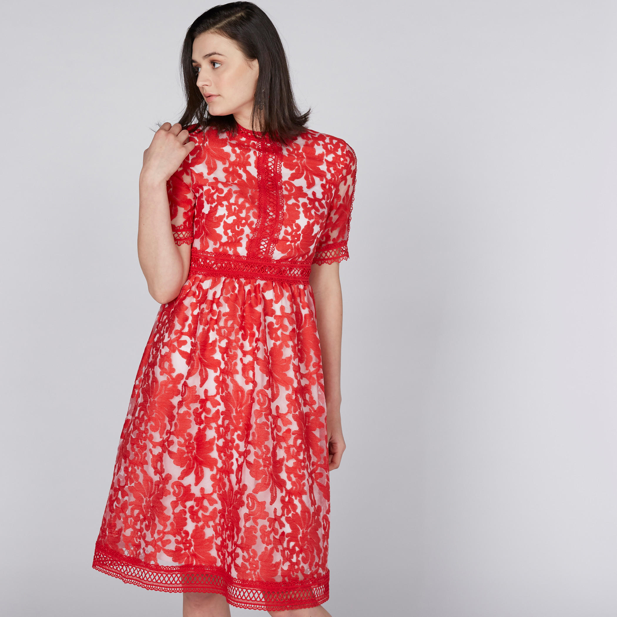 Elle Embroidered Midi Dress with High Neck and Short Sleeves-women-clothing-dresses-image-1