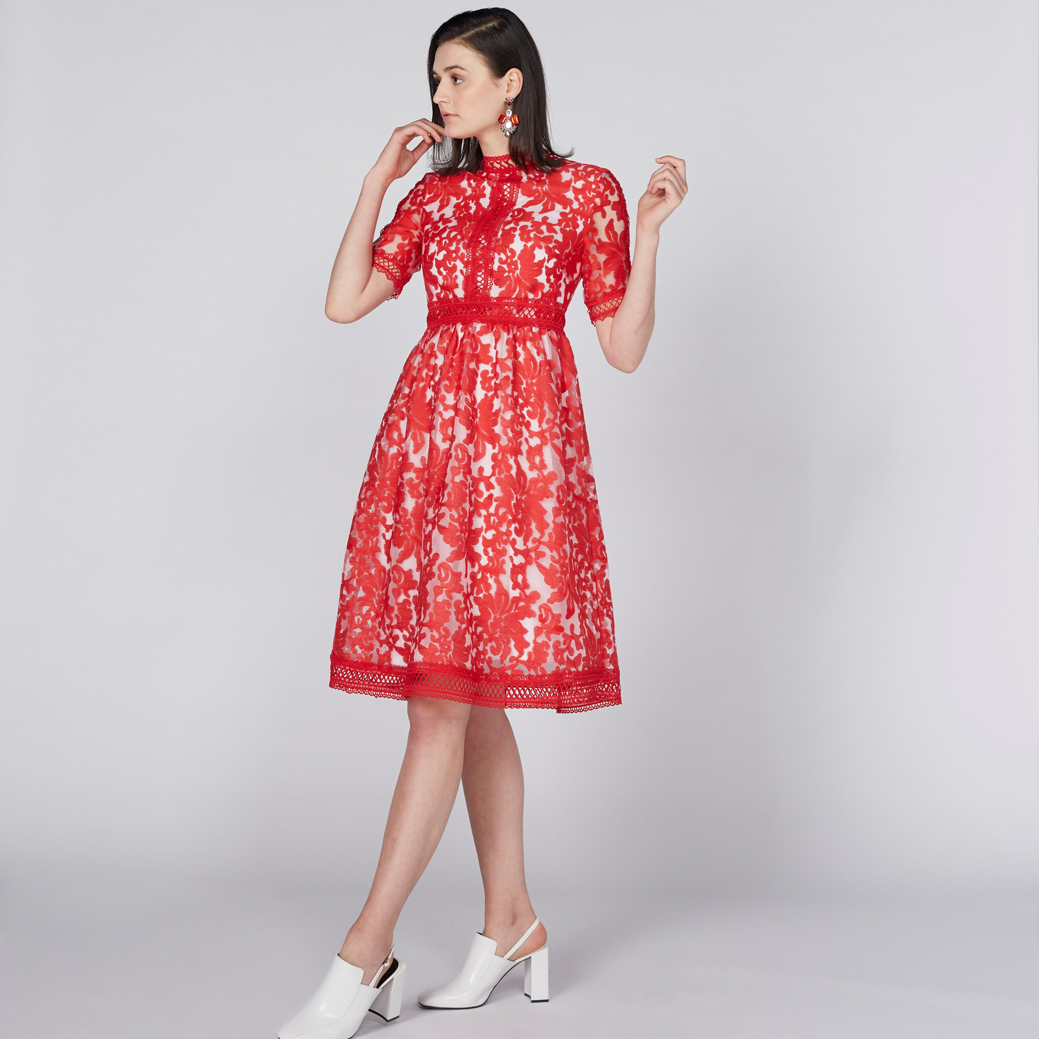 Elle Embroidered Midi Dress with High Neck and Short Sleeves-women-clothing-dresses-image-4