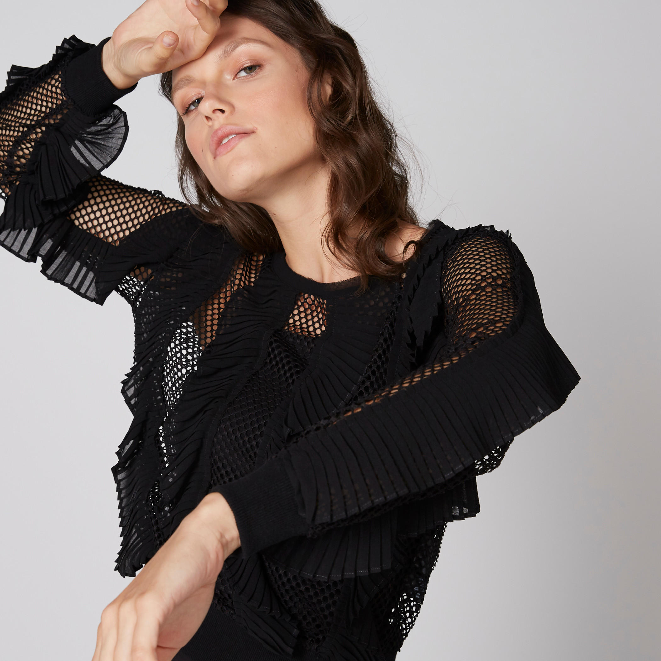 بلوزة بأكمام طويلة وتفاصيل شبكية وكشكش من إيل-women-clothing-shirtsandblouses-blouses-image-1