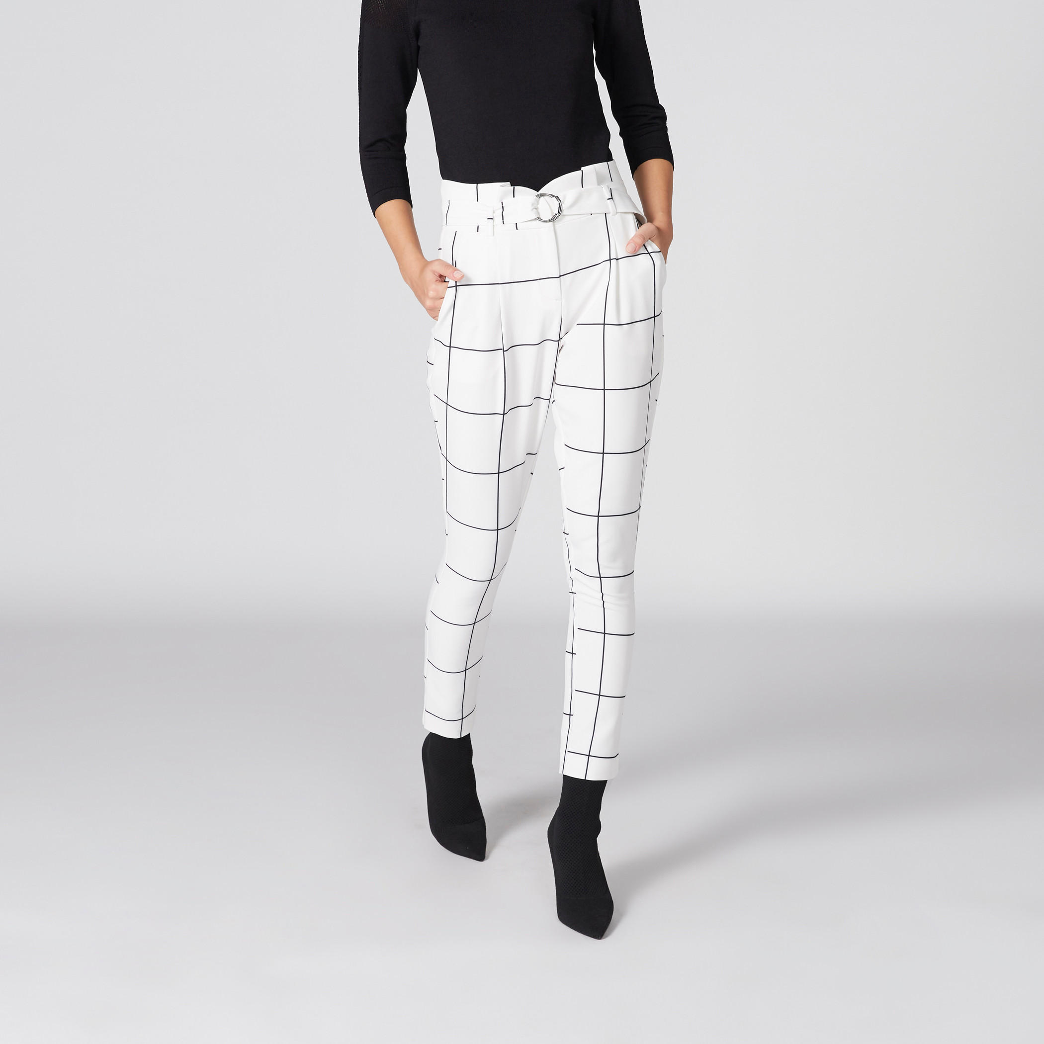 بنطال كاروهات طويل بجيوب وحزام من لوم-women-clothing-bottoms-trousers-image-1