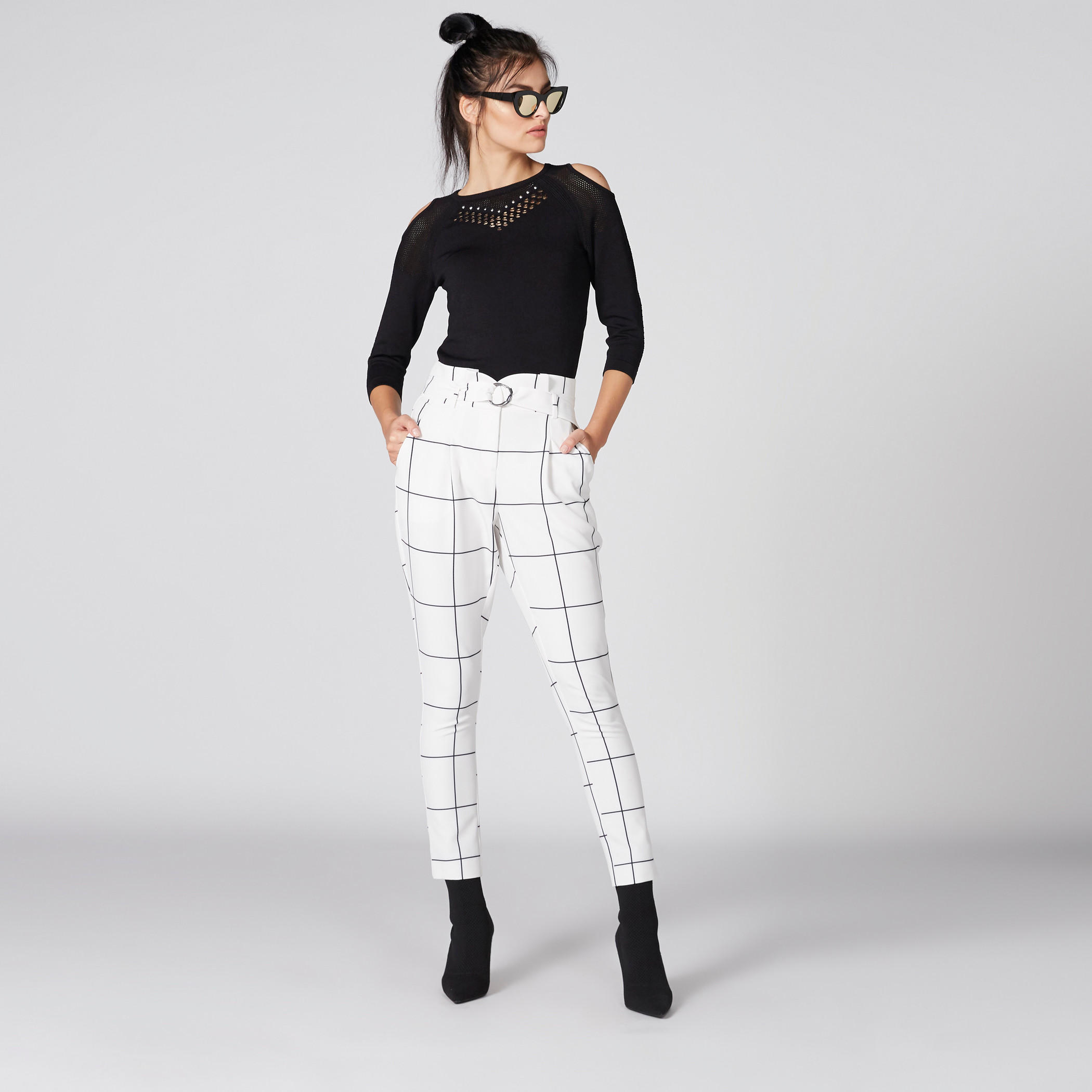 بنطال كاروهات طويل بجيوب وحزام من لوم-women-clothing-bottoms-trousers-image-3