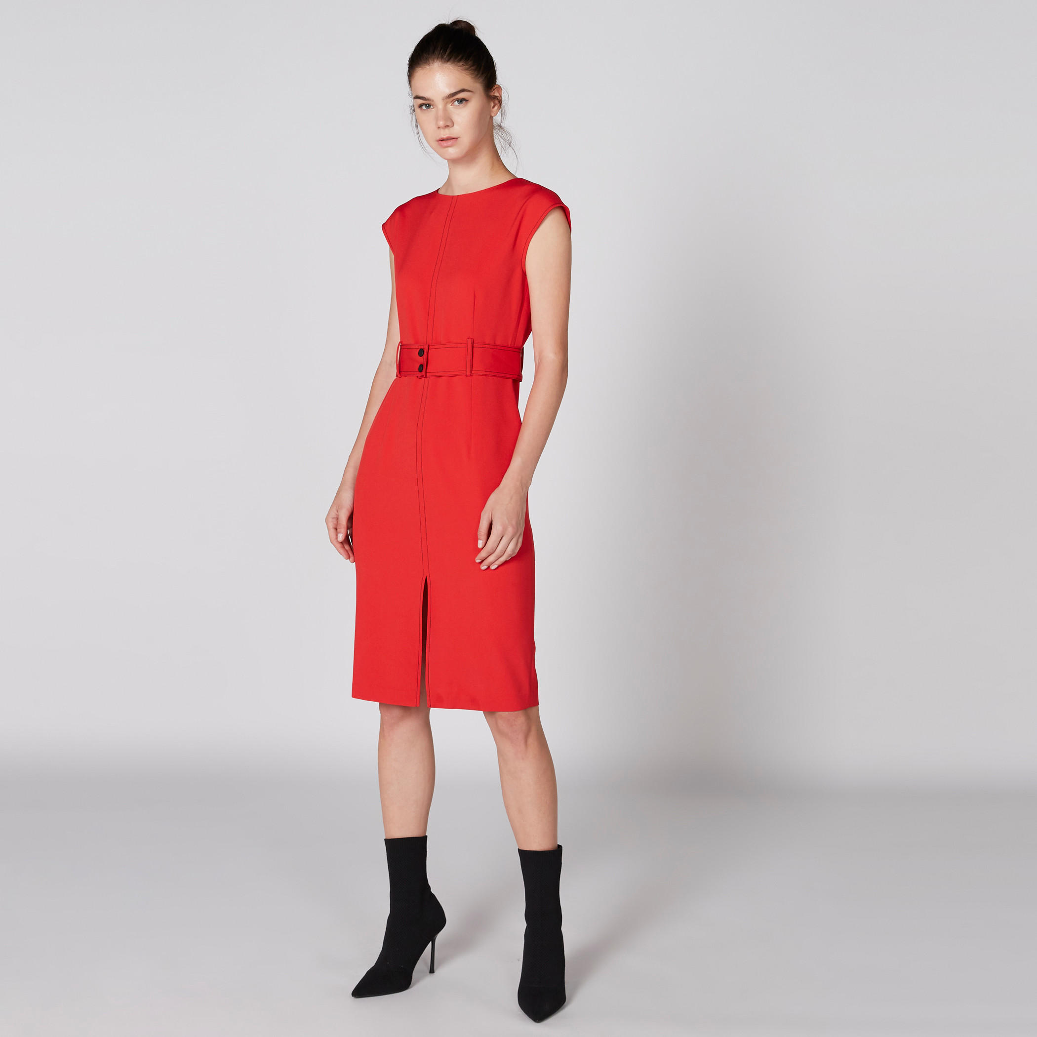 فستان متوسط الطول بياقة مستديرة وفتحة جانبية وحزام من إيل-women-clothing-dresses-image-1