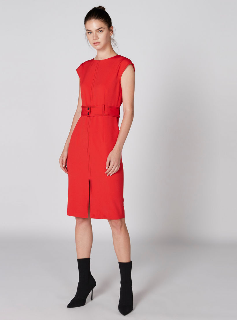 فستان متوسط الطول بياقة مستديرة وفتحة جانبية وحزام من إيل-women-clothing-dresses-image-1