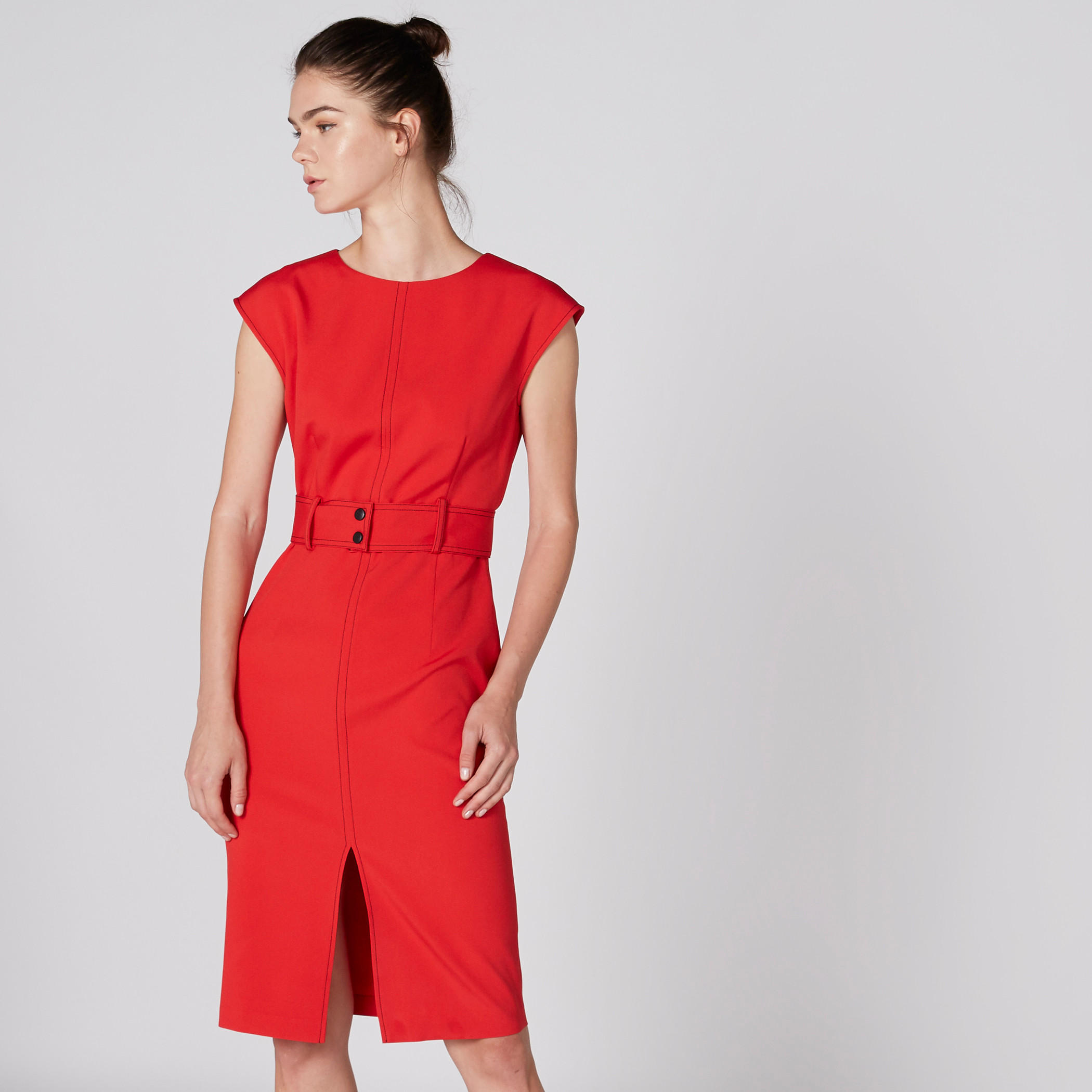 فستان متوسط الطول بياقة مستديرة وفتحة جانبية وحزام من إيل-women-clothing-dresses-image-3
