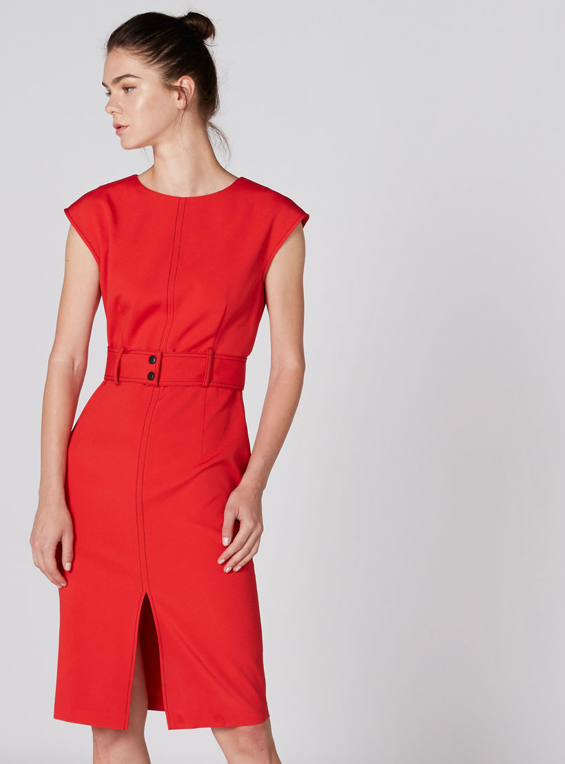 فستان متوسط الطول بياقة مستديرة وفتحة جانبية وحزام من إيل-women-clothing-dresses-image-3