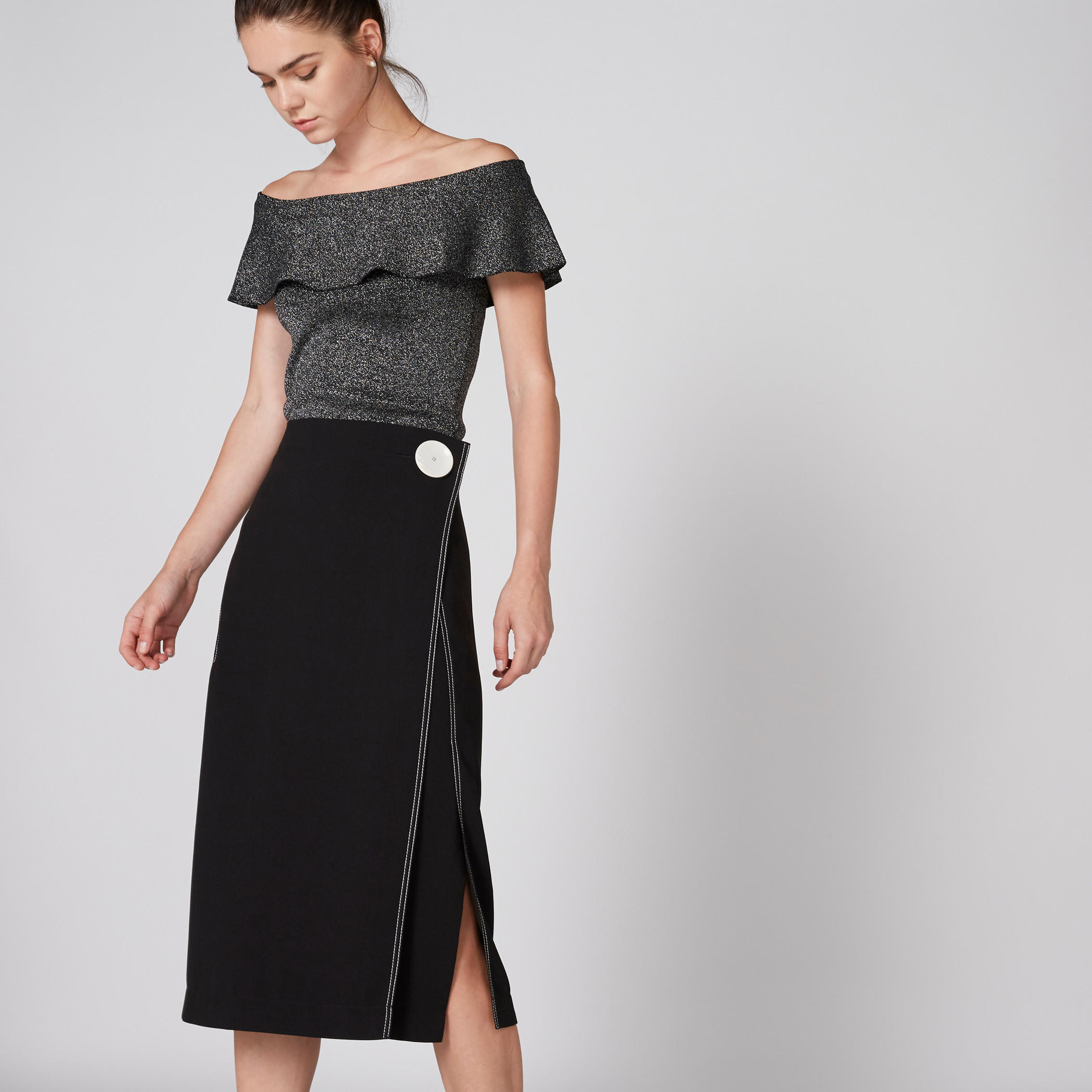Elle Stitch Detail Midi Skirt with Flat Button and Zip Closure-women-clothing-bottoms-skirts-image-1