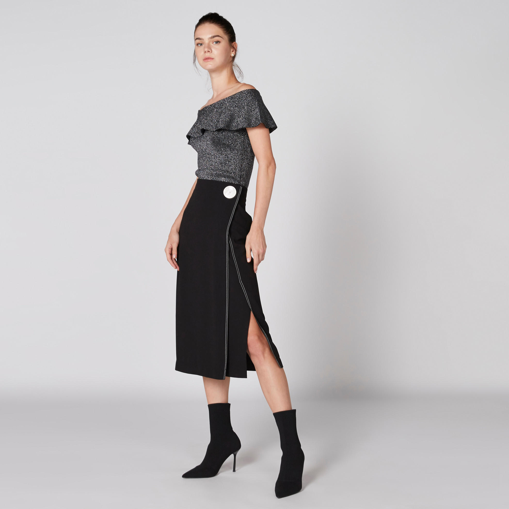 Elle Stitch Detail Midi Skirt with Flat Button and Zip Closure-women-clothing-bottoms-skirts-image-3