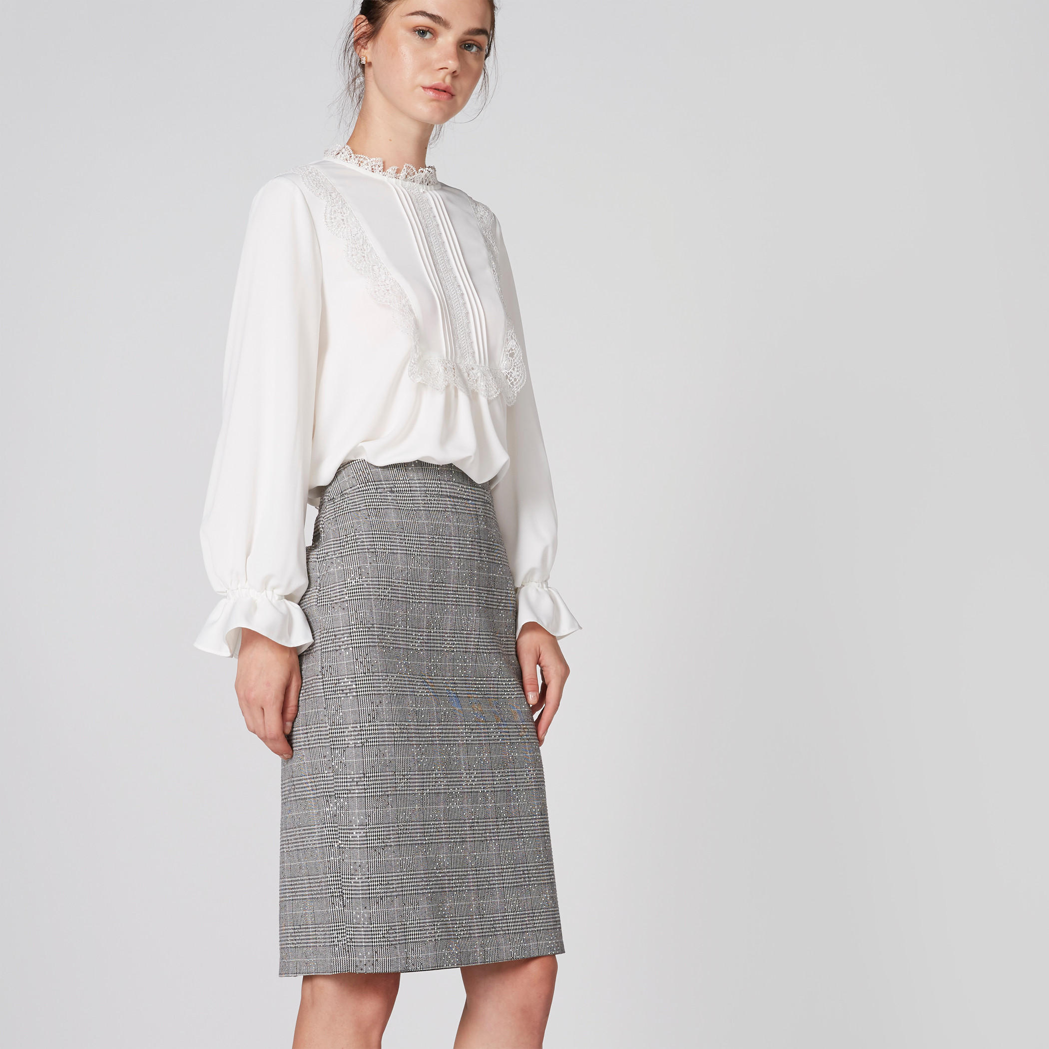 Elle Chequered and Studded Skirt with Zip Closure-women-clothing-bottoms-skirts-image-4
