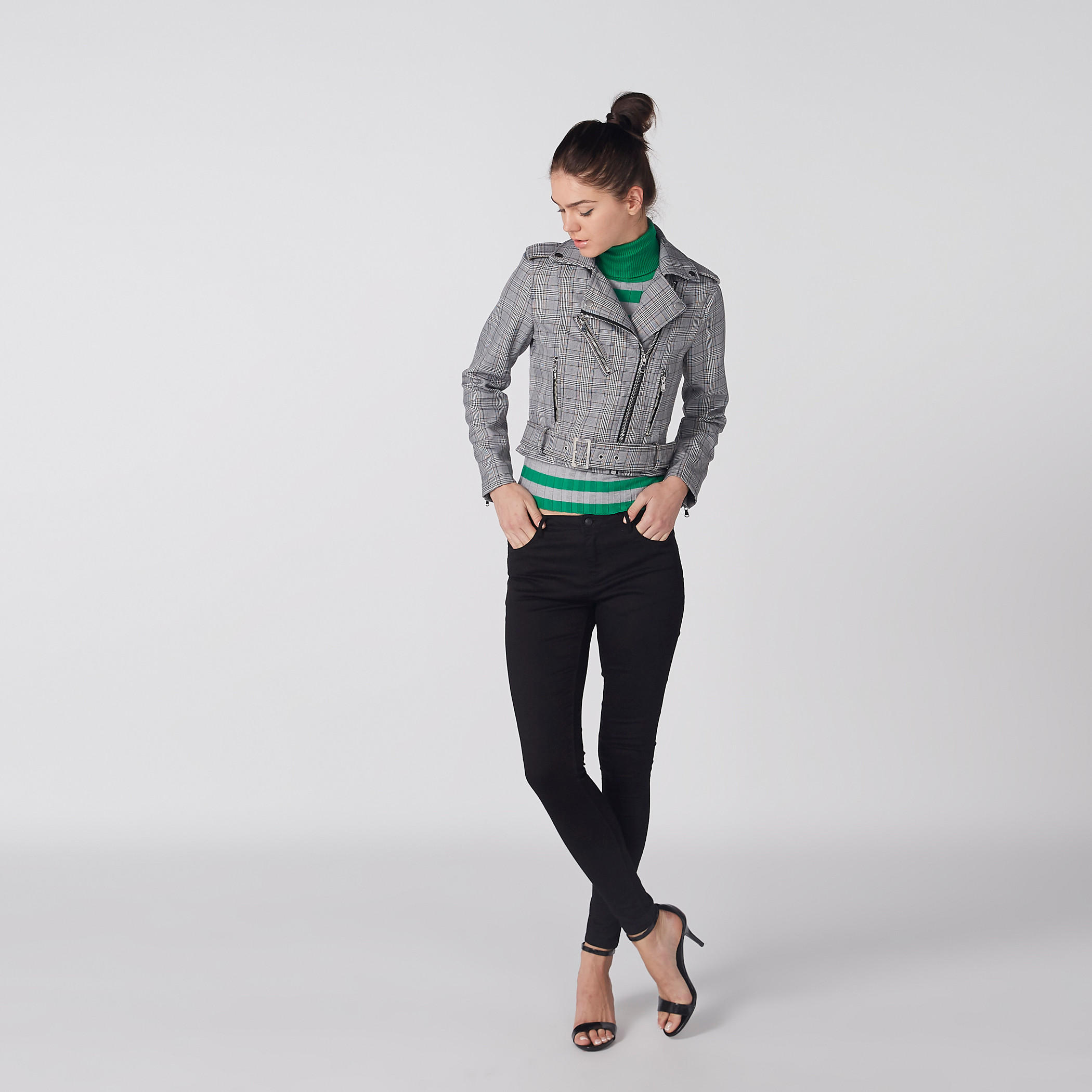 جاكيت بايكر كاروهات بأكمام طويلة وسحّاب إغلاق من إيل-women-winterwear-coatsandjackets-jackets-image-1