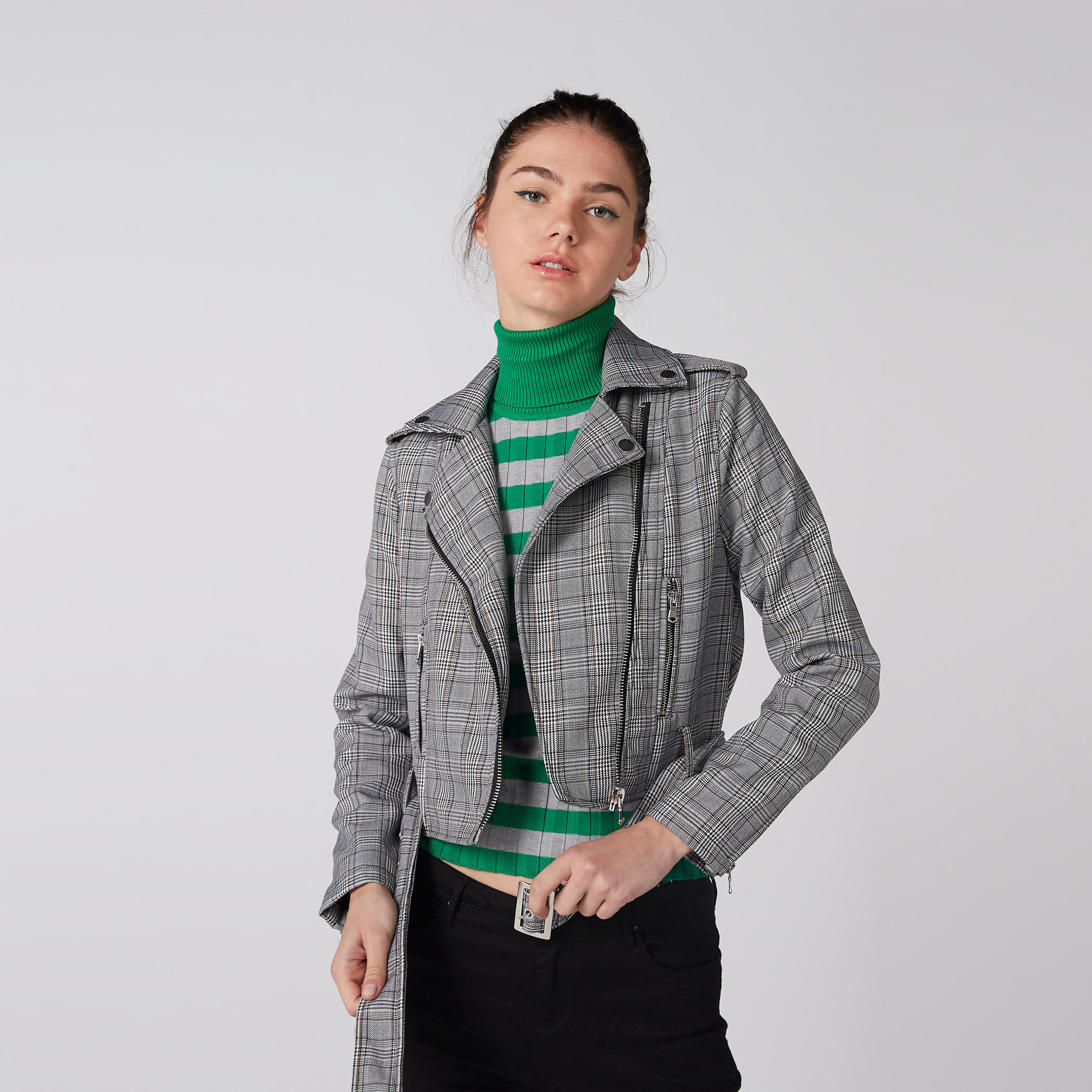 جاكيت بايكر كاروهات بأكمام طويلة وسحّاب إغلاق من إيل-women-winterwear-coatsandjackets-jackets-image-2