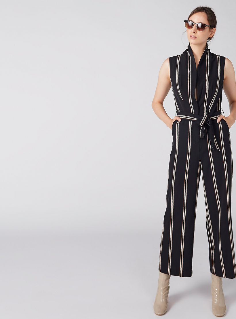 أفرول مقلم دون أكمام بحزام ورباط وجيوب من إيل-women-clothing-jumpsuits-image-1