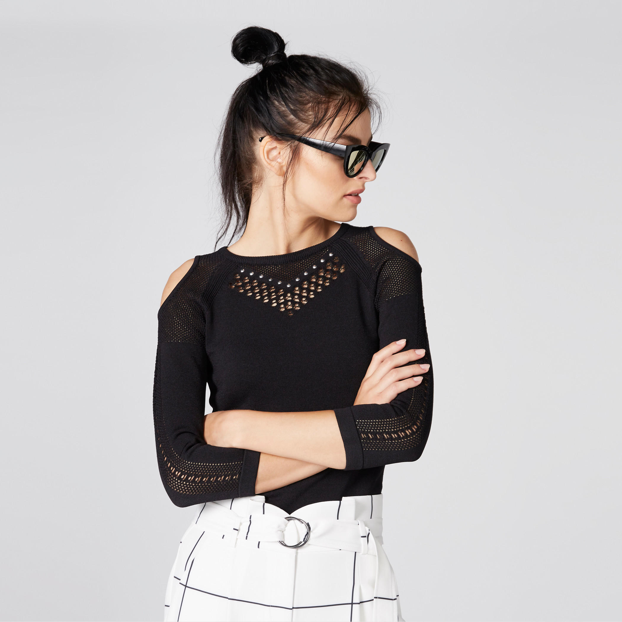 Elle Textured Cold Shoulder Top with 3/4 Sleeves-women-clothing-shirtsandblouses-blouses-image-1