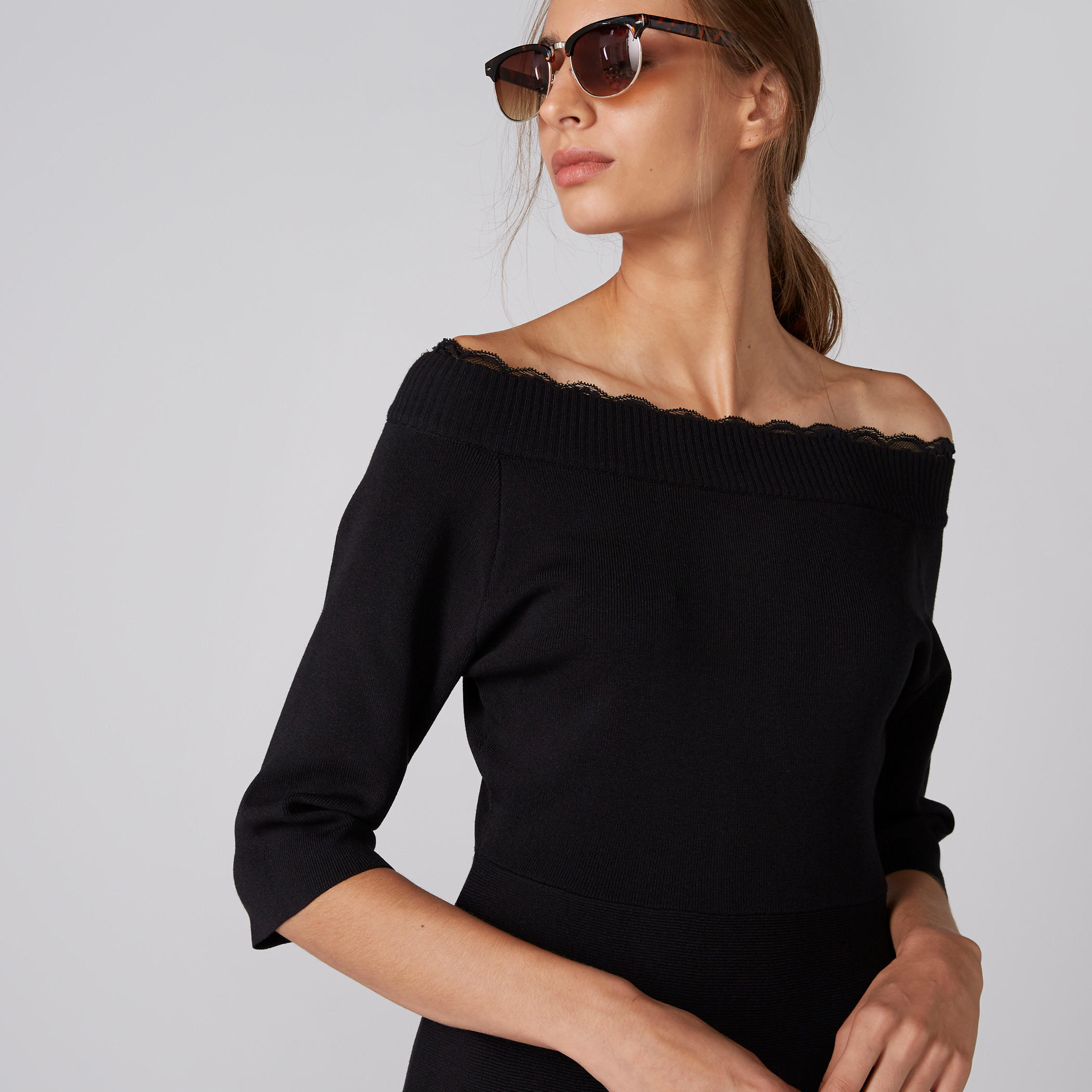 Elle Ribbed Off Shoulder Dress with Lace Detail and 3/4 Sleeves-women-clothing-dresses-image-1