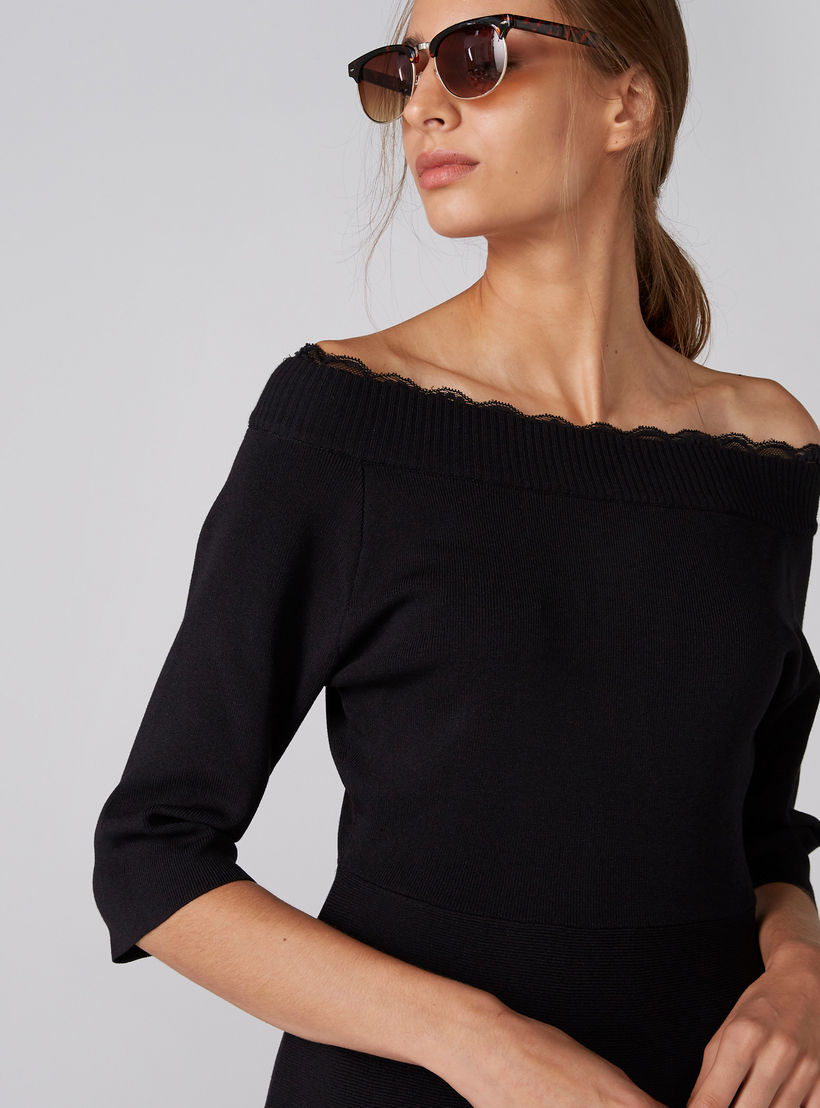 Elle Ribbed Off Shoulder Dress with Lace Detail and 3/4 Sleeves-women-clothing-dresses-image-1