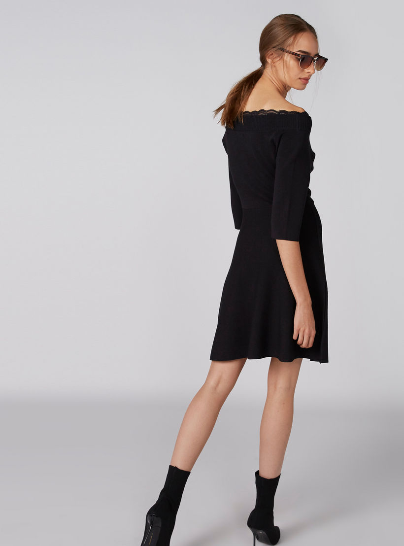 Elle Ribbed Off Shoulder Dress with Lace Detail and 3/4 Sleeves-women-clothing-dresses-image-2
