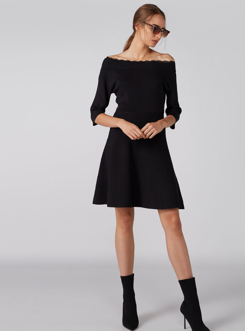 Elle Ribbed Off Shoulder Dress with Lace Detail and 3/4 Sleeves-women-clothing-dresses-image-3