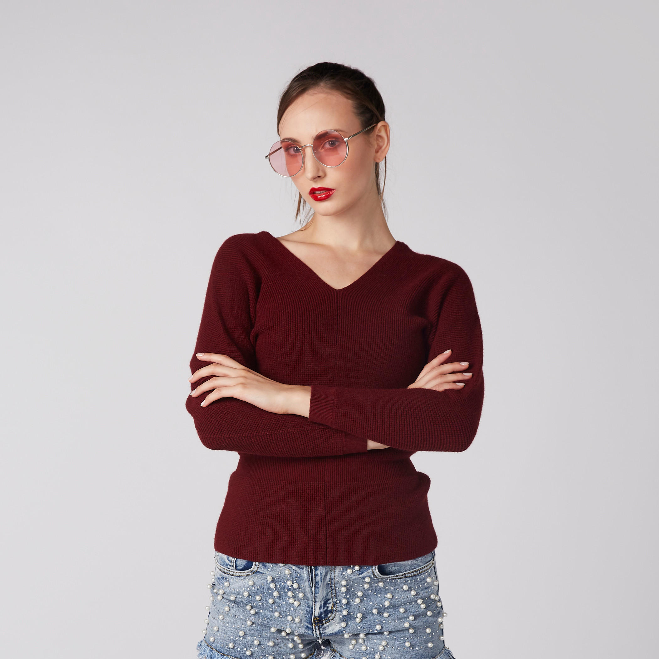 بلوزة بارزة الملمس بياقة V وأكمام طويلة من إيل-women-clothing-cardigansandjumpers-jumpers-image-1