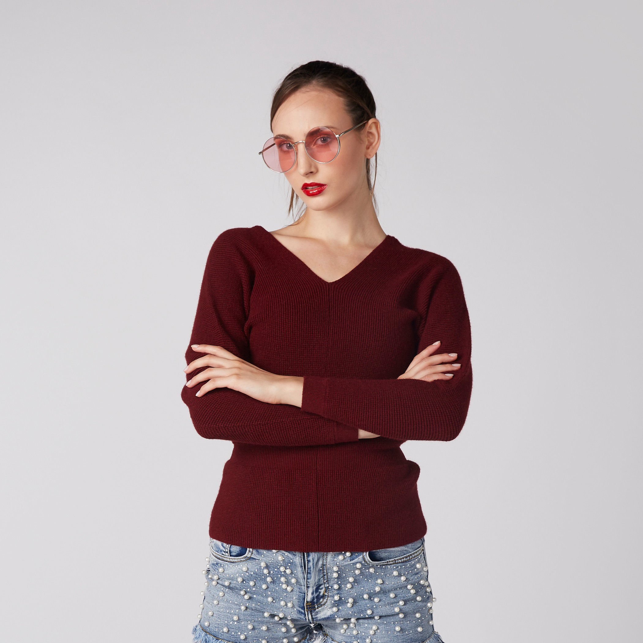 بلوزة بارزة الملمس بياقة V وأكمام طويلة من إيل-women-clothing-cardigansandjumpers-jumpers-image-1