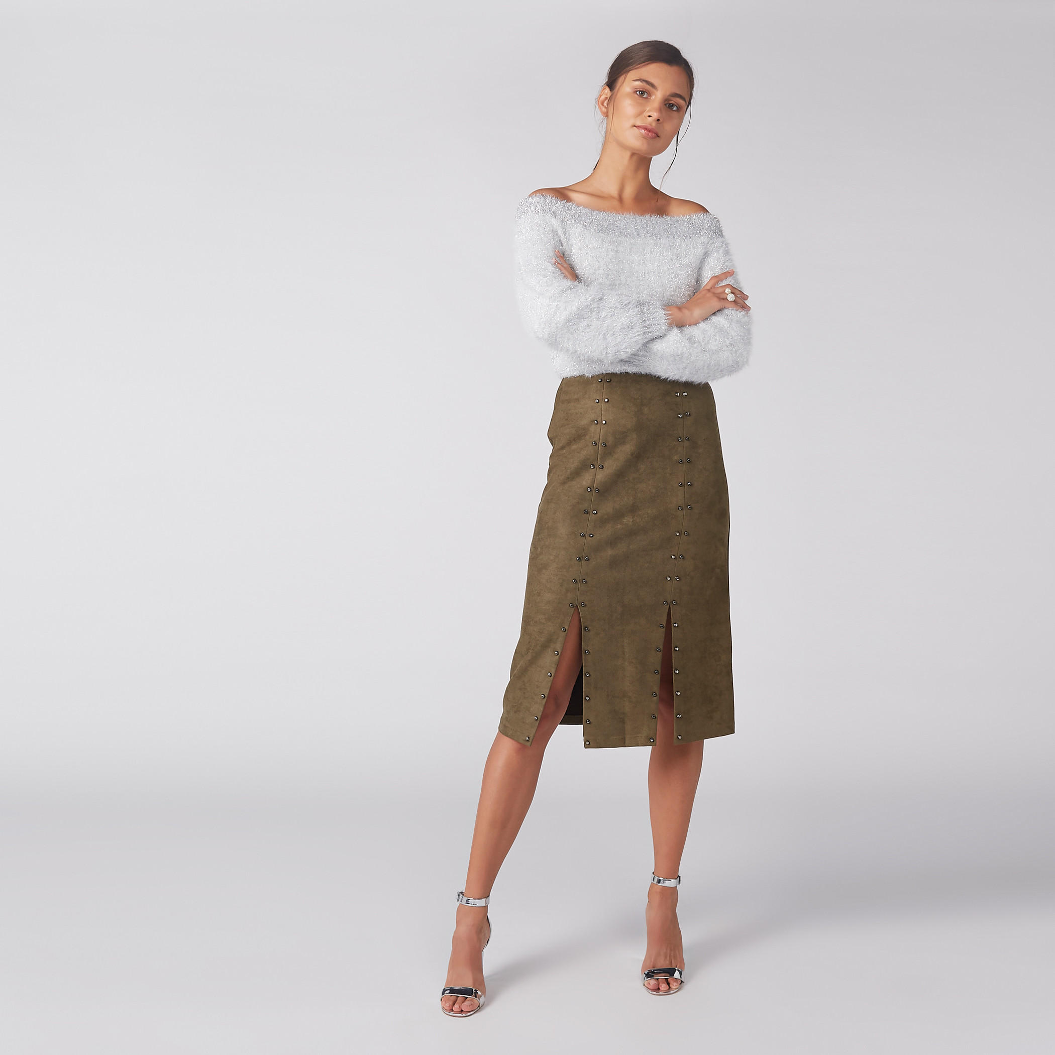 تنورة مزيّنة متوسطة الطول بسحّاب إغلاق من إيل-women-clothing-bottoms-skirts-image-2