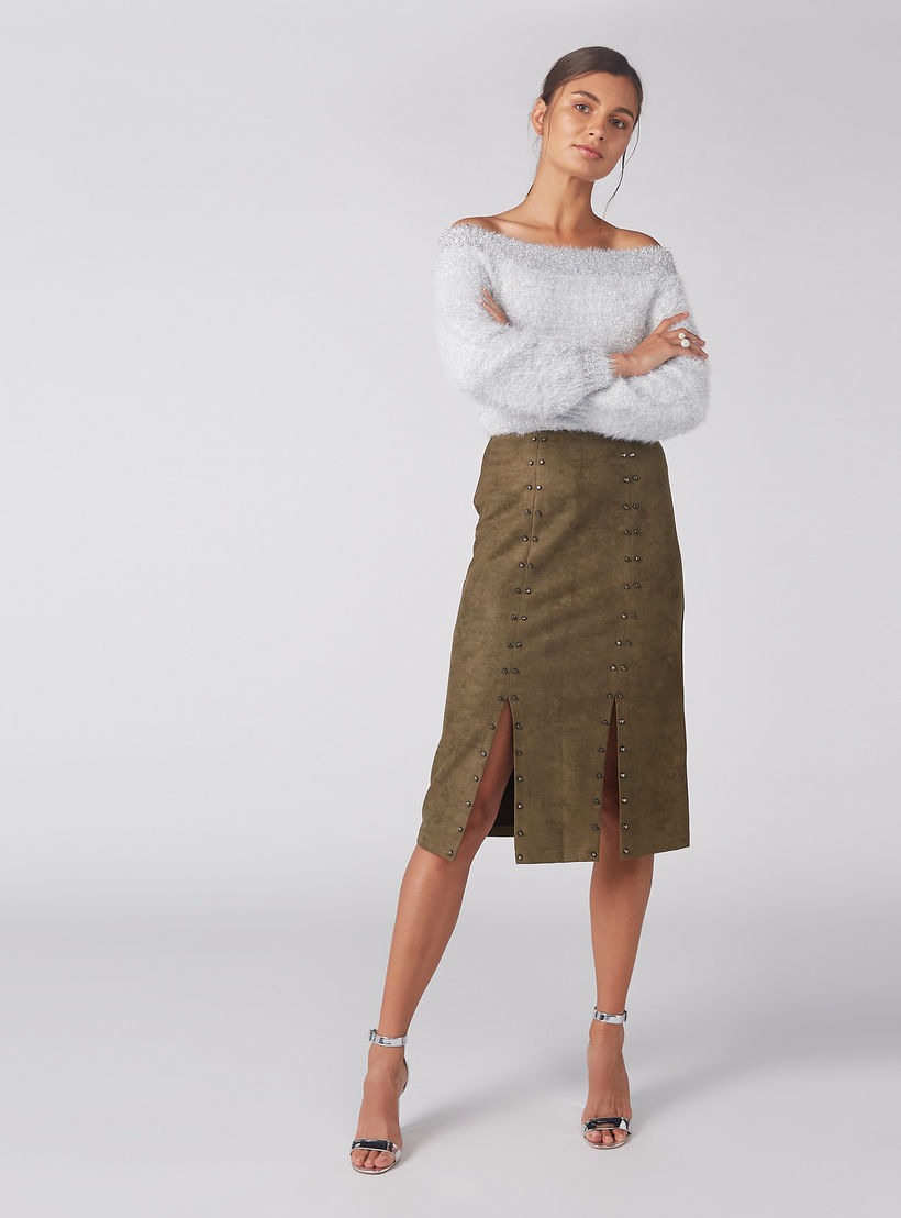 تنورة مزيّنة متوسطة الطول بسحّاب إغلاق من إيل-women-clothing-bottoms-skirts-image-2