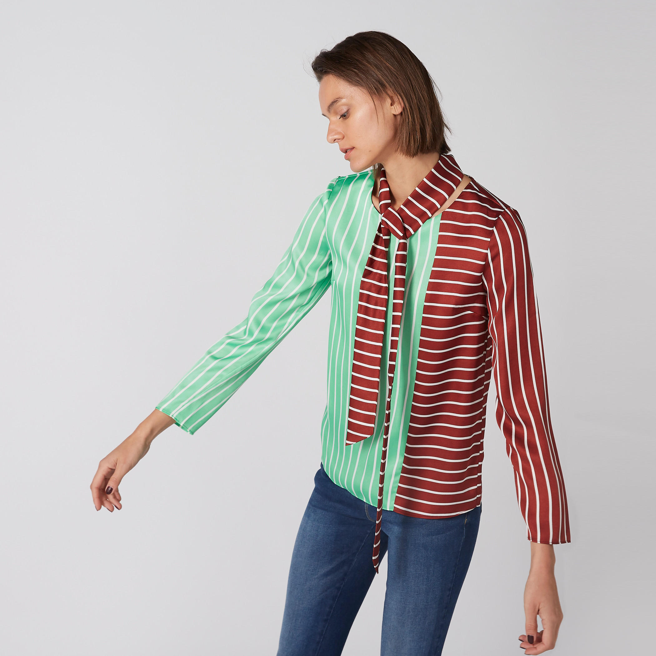 بلوزة مقلّمة بأكمام طويلة وأربطة من إيل-women-clothing-shirtsandblouses-blouses-image-1