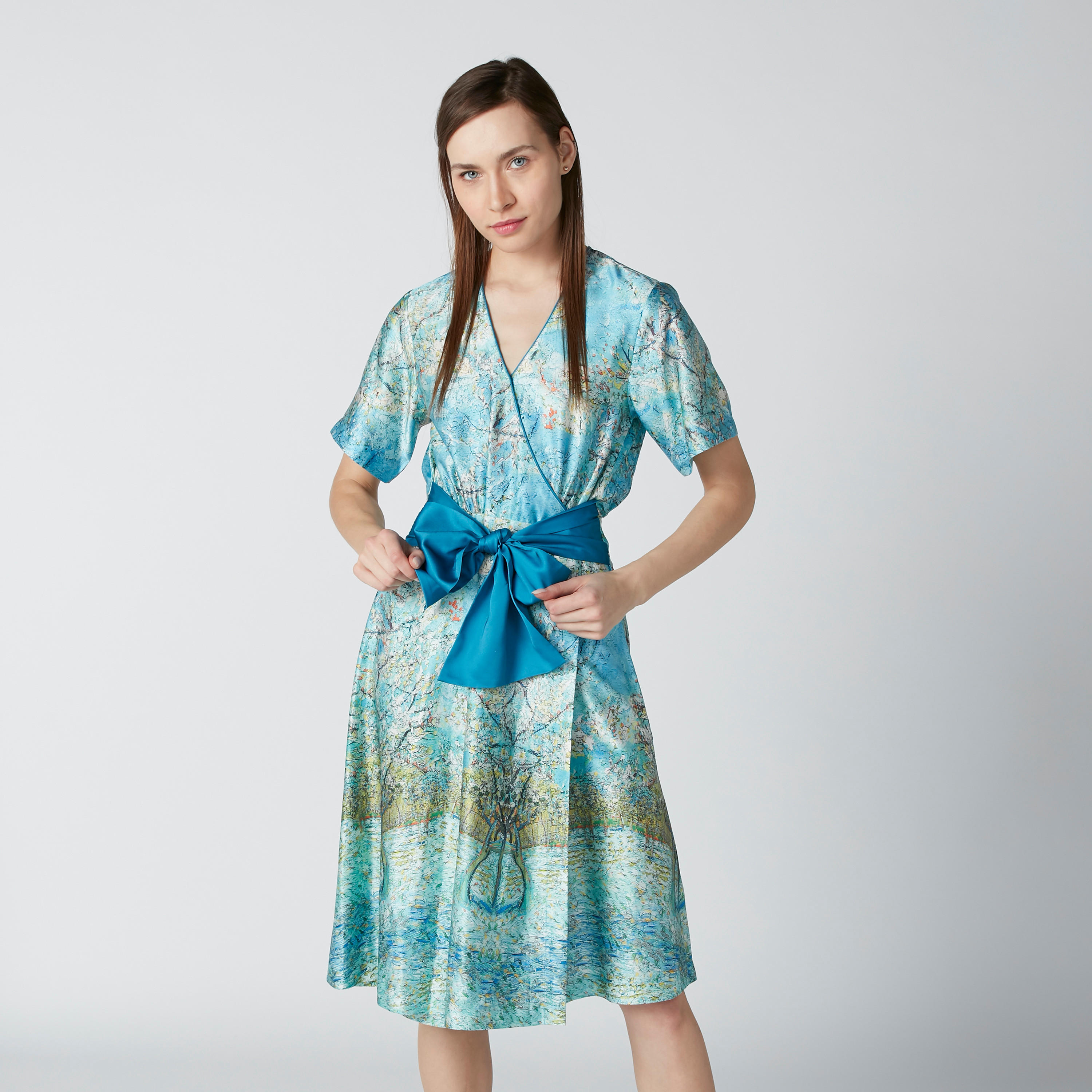 فستان ملفوف متوسط الطول بأكمام قصيرة وأربطة وطبعات من إيل-women-clothing-dresses-image-1
