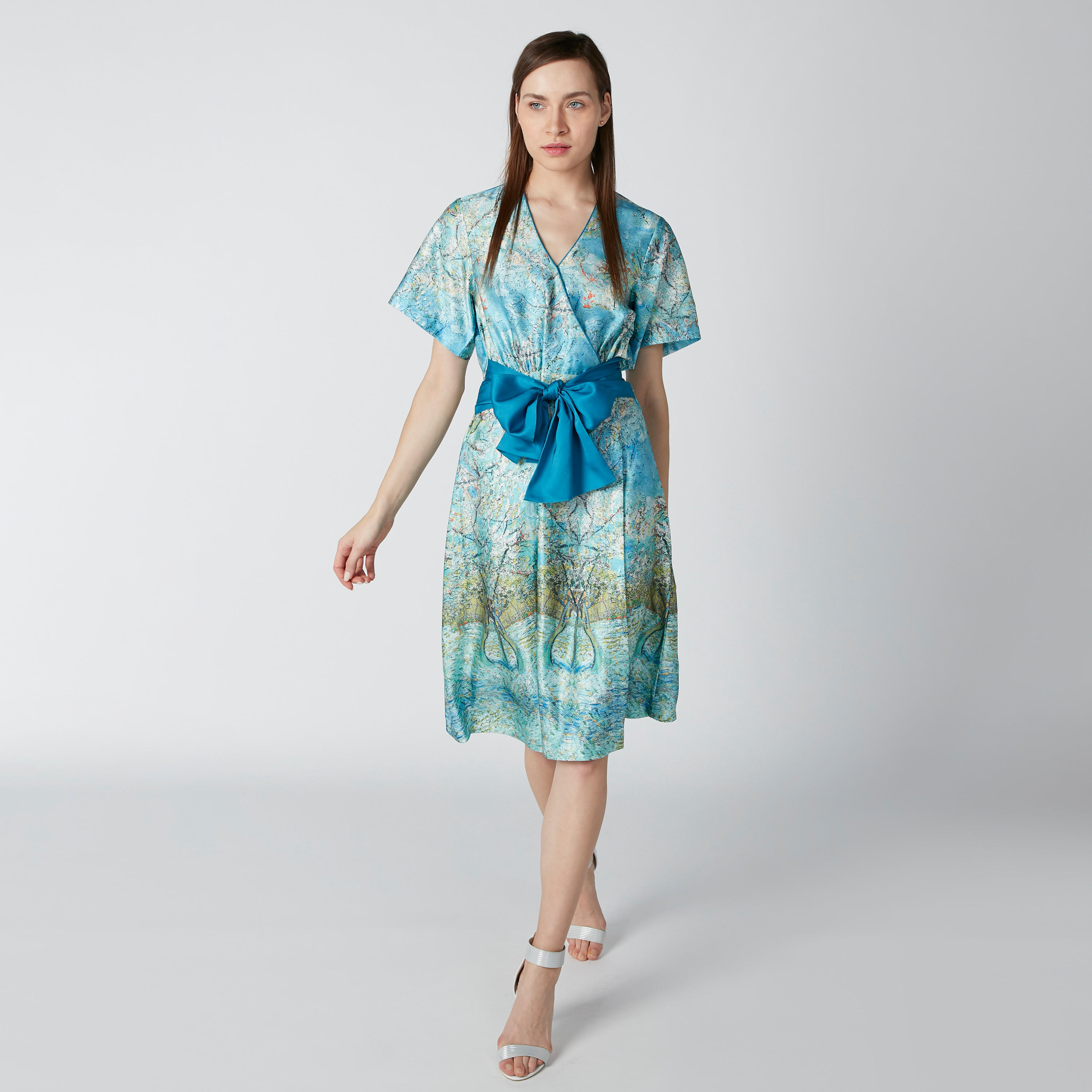 فستان ملفوف متوسط الطول بأكمام قصيرة وأربطة وطبعات من إيل-women-clothing-dresses-image-3