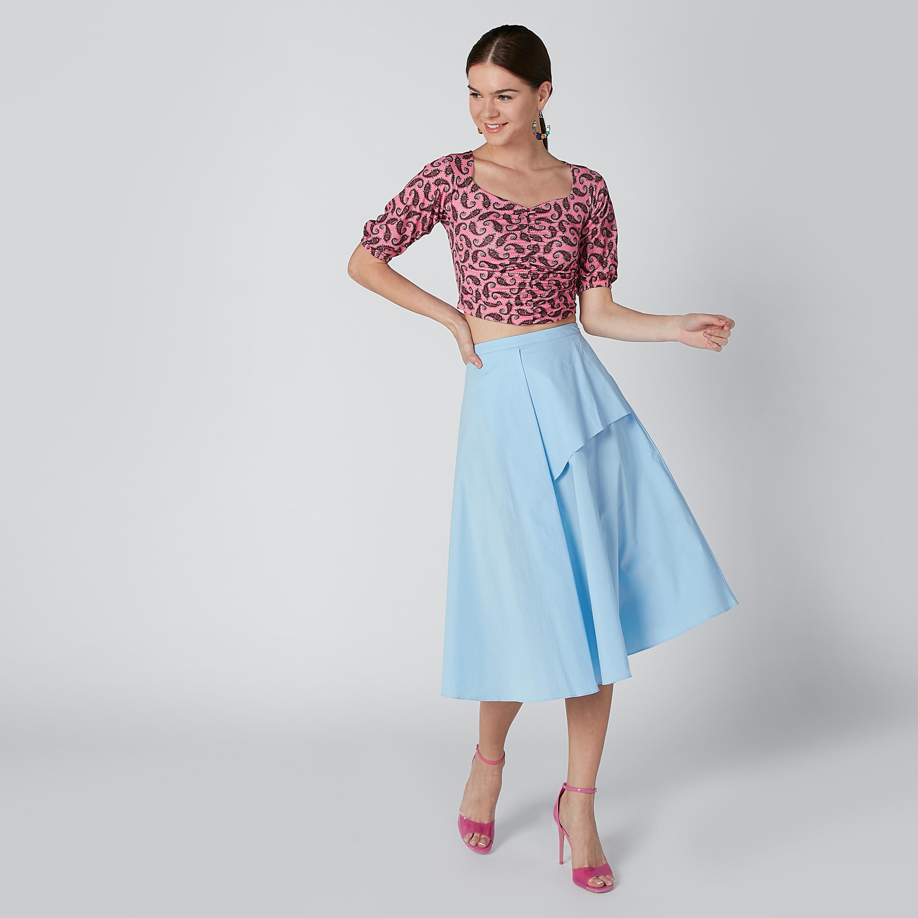 تنورة سادة متوسطة الطول بسحّاب إغلاق وحوّاف غير مستوية من إيل-women-clothing-bottoms-skirts-image-1