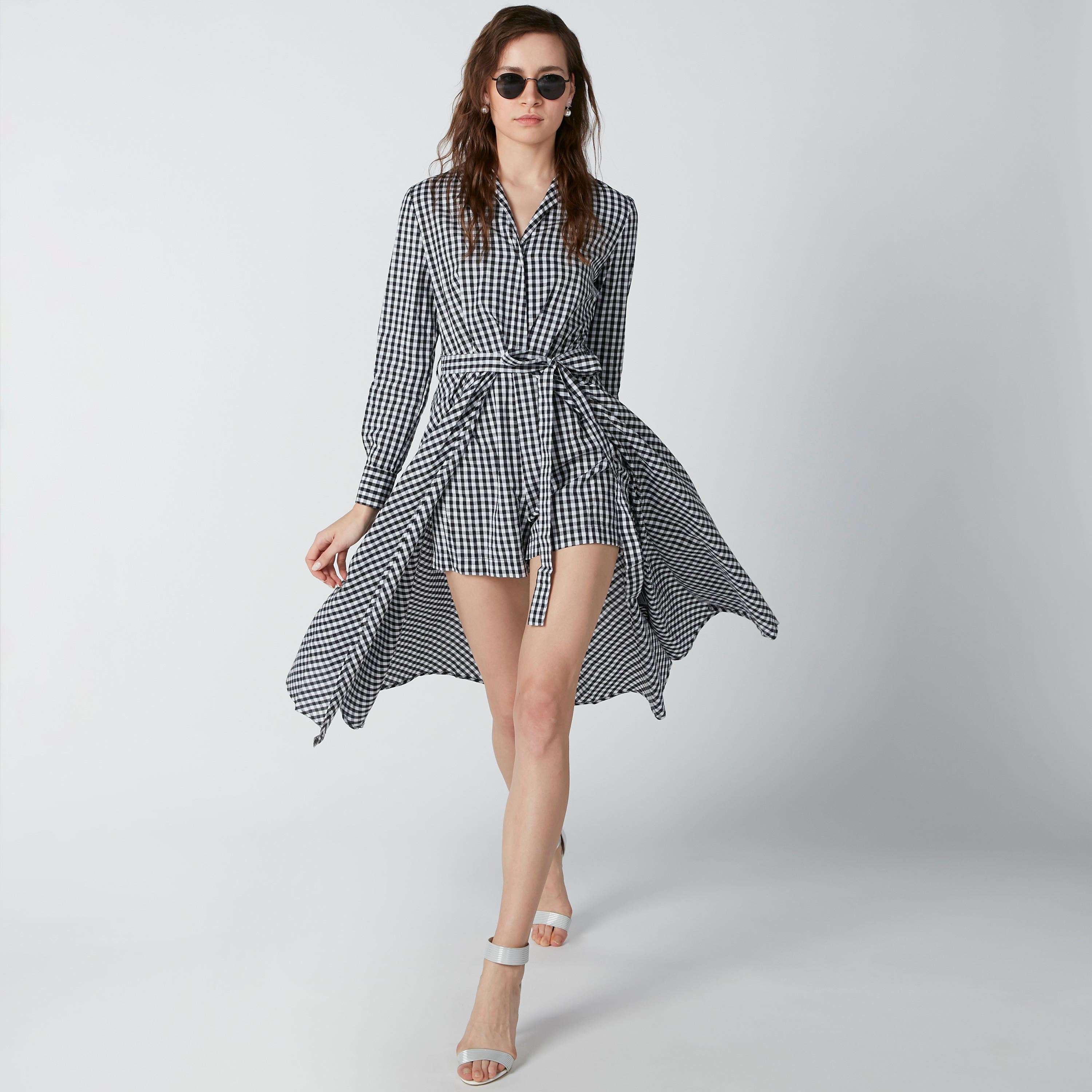 ELLE Chequered Playsuit with Long Sleeves and Tie Up-women-clothing-jumpsuits-image-1