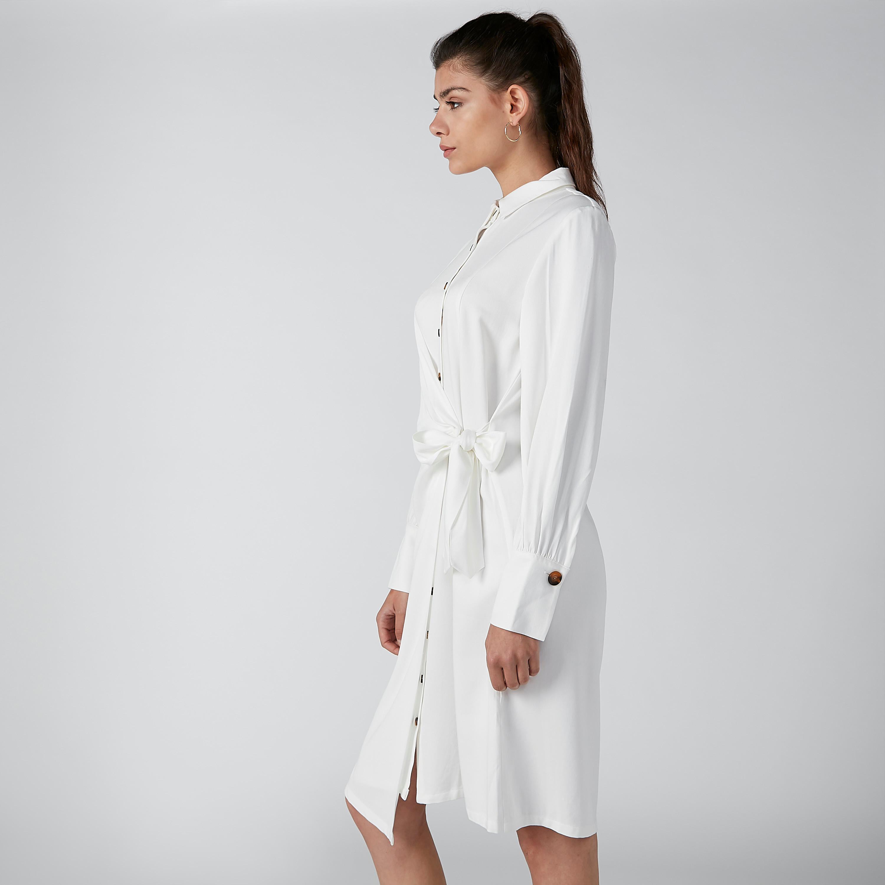فستان قميص سادة متوسط الطول بأكمام طويلة وأربطة من إيل-women-clothing-dresses-image-1