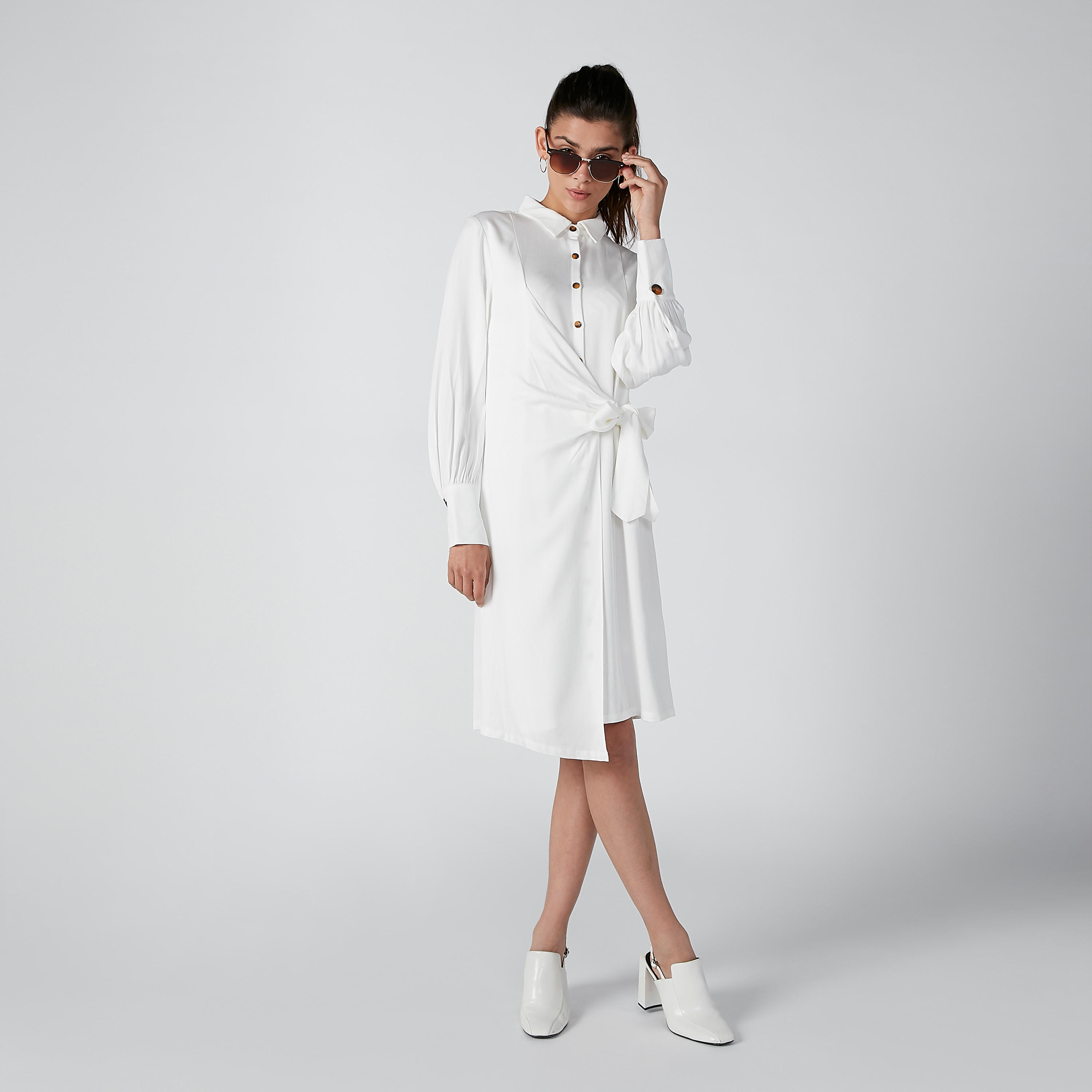 فستان قميص سادة متوسط الطول بأكمام طويلة وأربطة من إيل-women-clothing-dresses-image-3