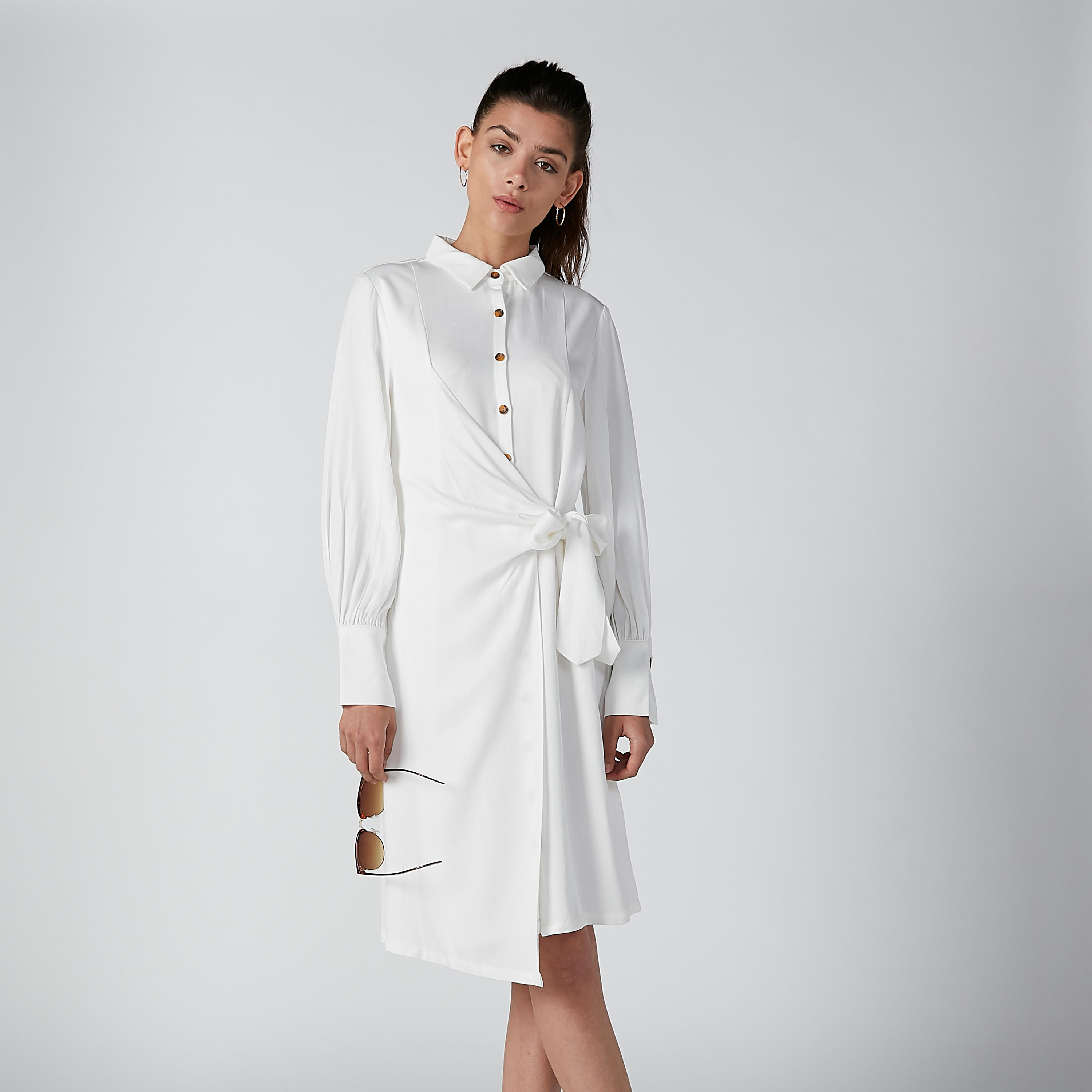 فستان قميص سادة متوسط الطول بأكمام طويلة وأربطة من إيل-women-clothing-dresses-image-4