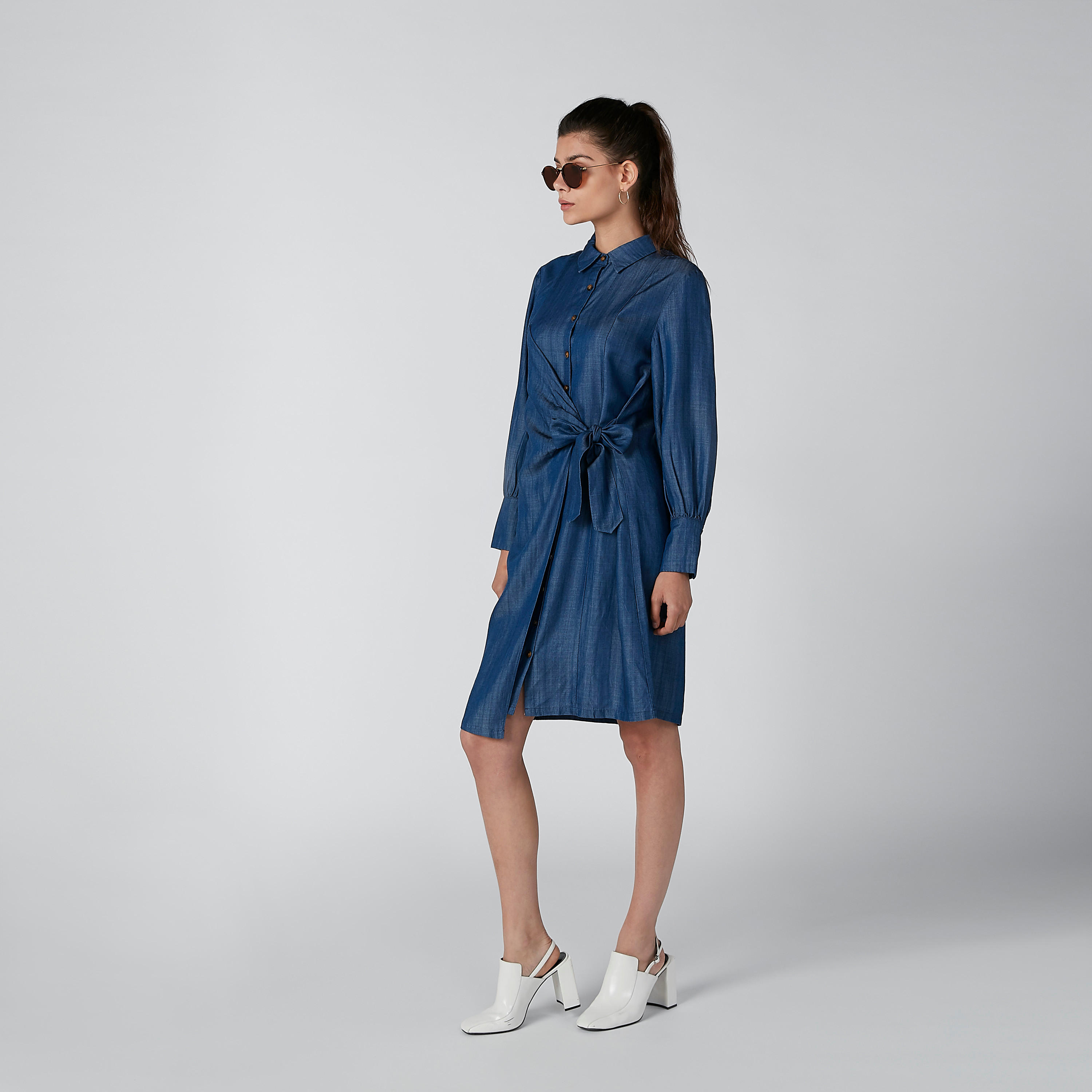 فستان قميص متوسط الطول بأكمام طويلة وأربطة من إيل-women-clothing-dresses-image-1