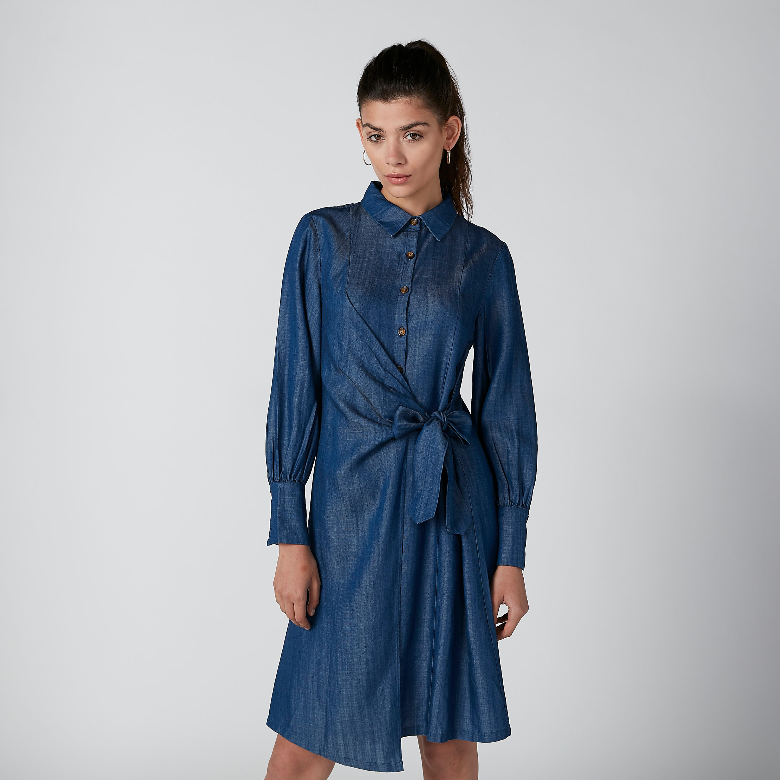 فستان قميص متوسط الطول بأكمام طويلة وأربطة من إيل-women-clothing-dresses-image-3