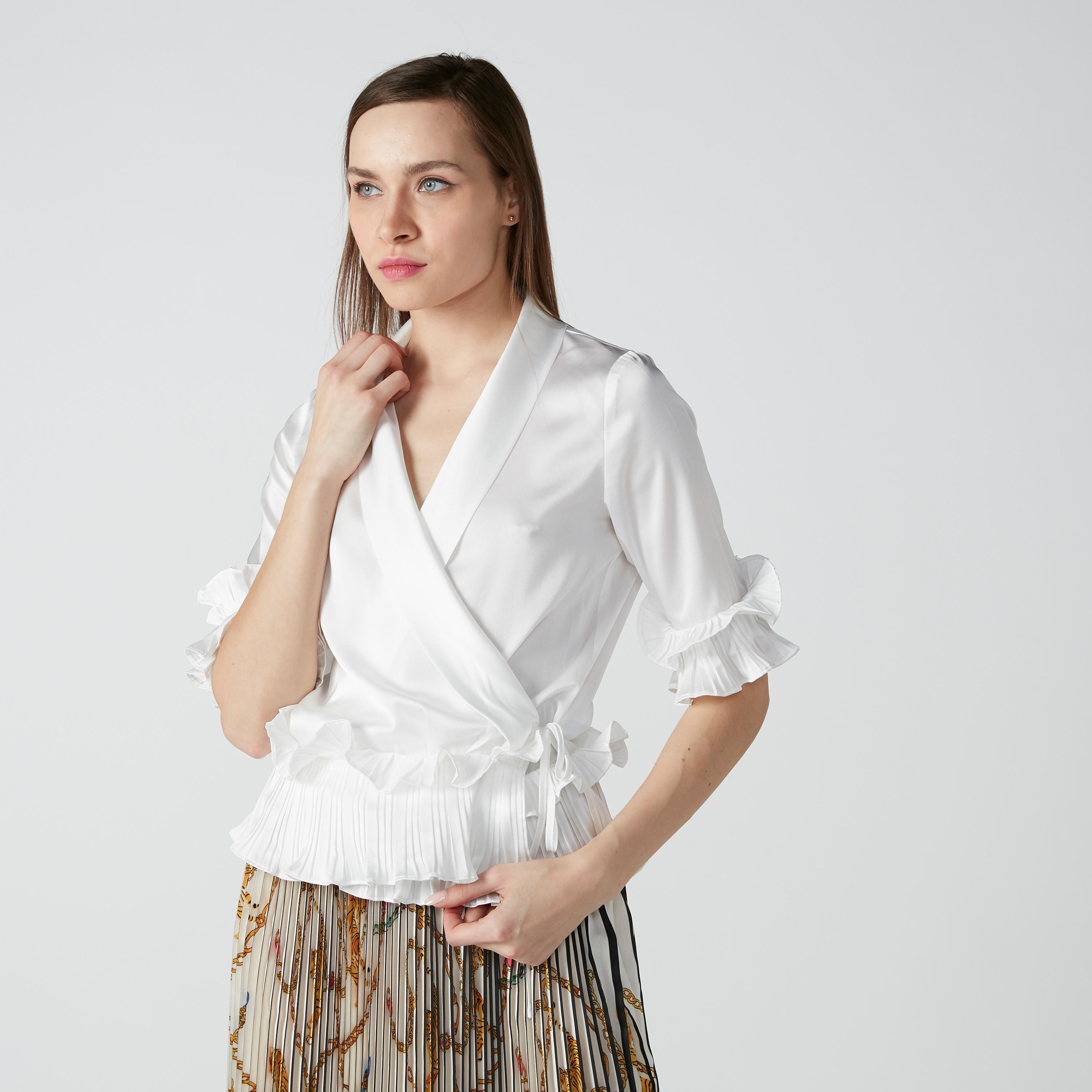 ELLE Ruffle Detail Top with Shawl Neck and Tie Up-women-clothing-shirtsandblouses-blouses-image-1