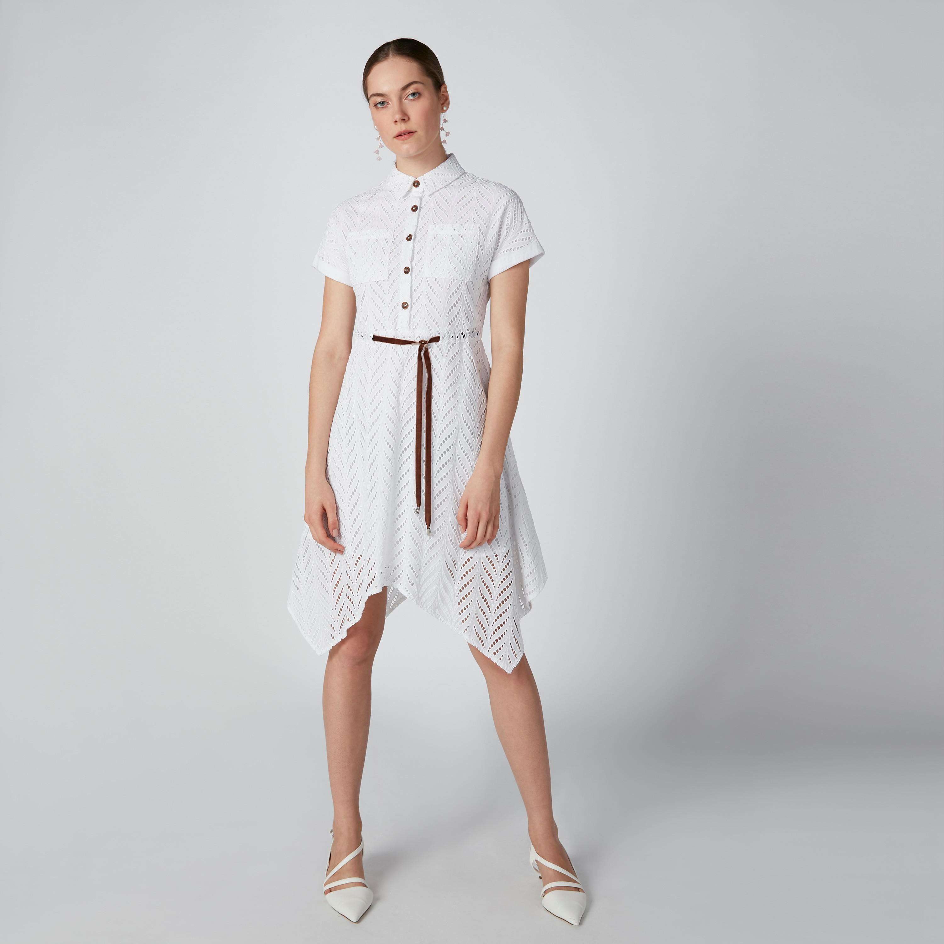 فستان دانتيل متوسط الطول بياقة عادية وحوّاف غير مستوية وحزام رباط من إيل-women-clothing-dresses-image-2