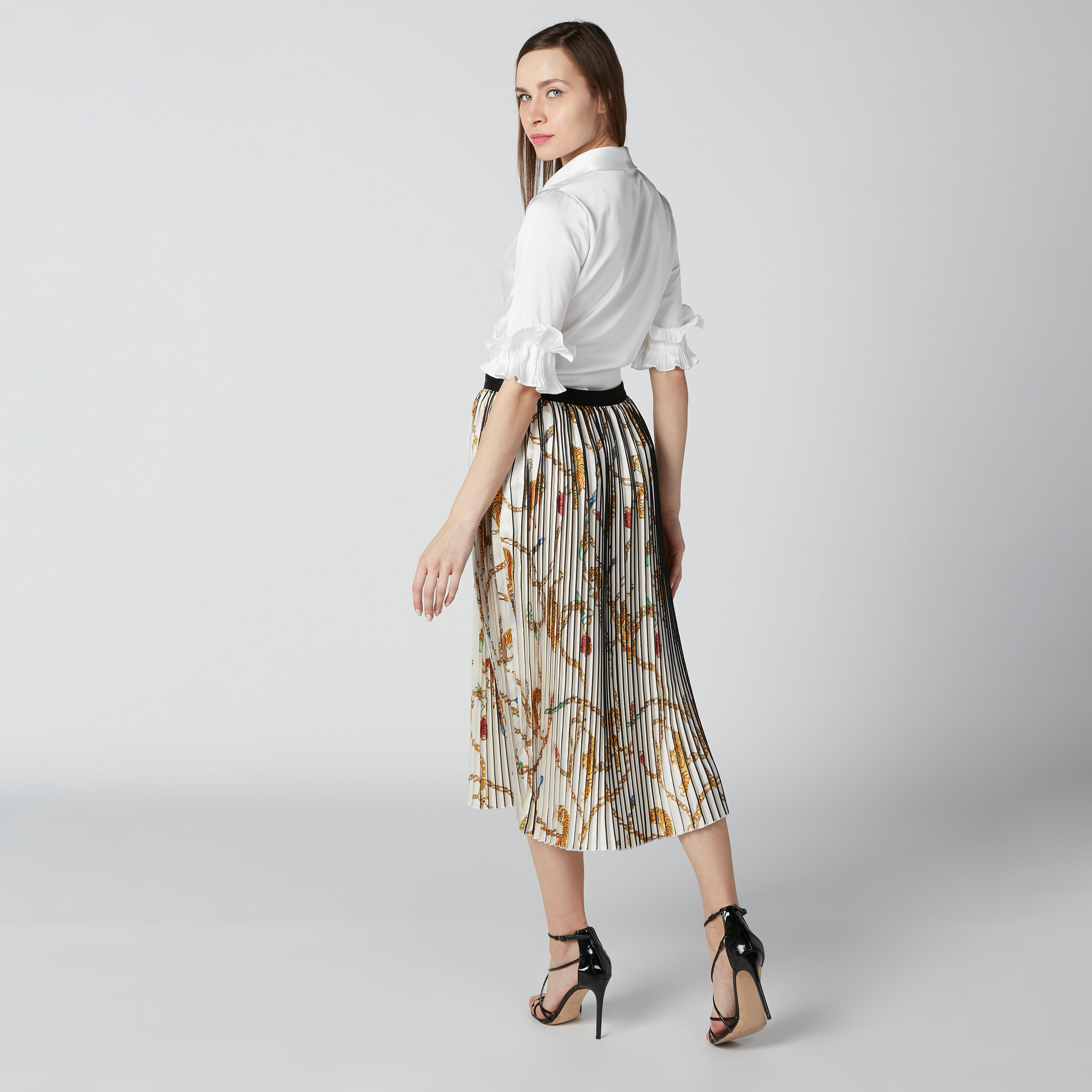 تنورة إيه لاين متوسطة الطول بخصر مطّاطي وثنيات وطبعات من إيل-women-clothing-bottoms-skirts-image-1