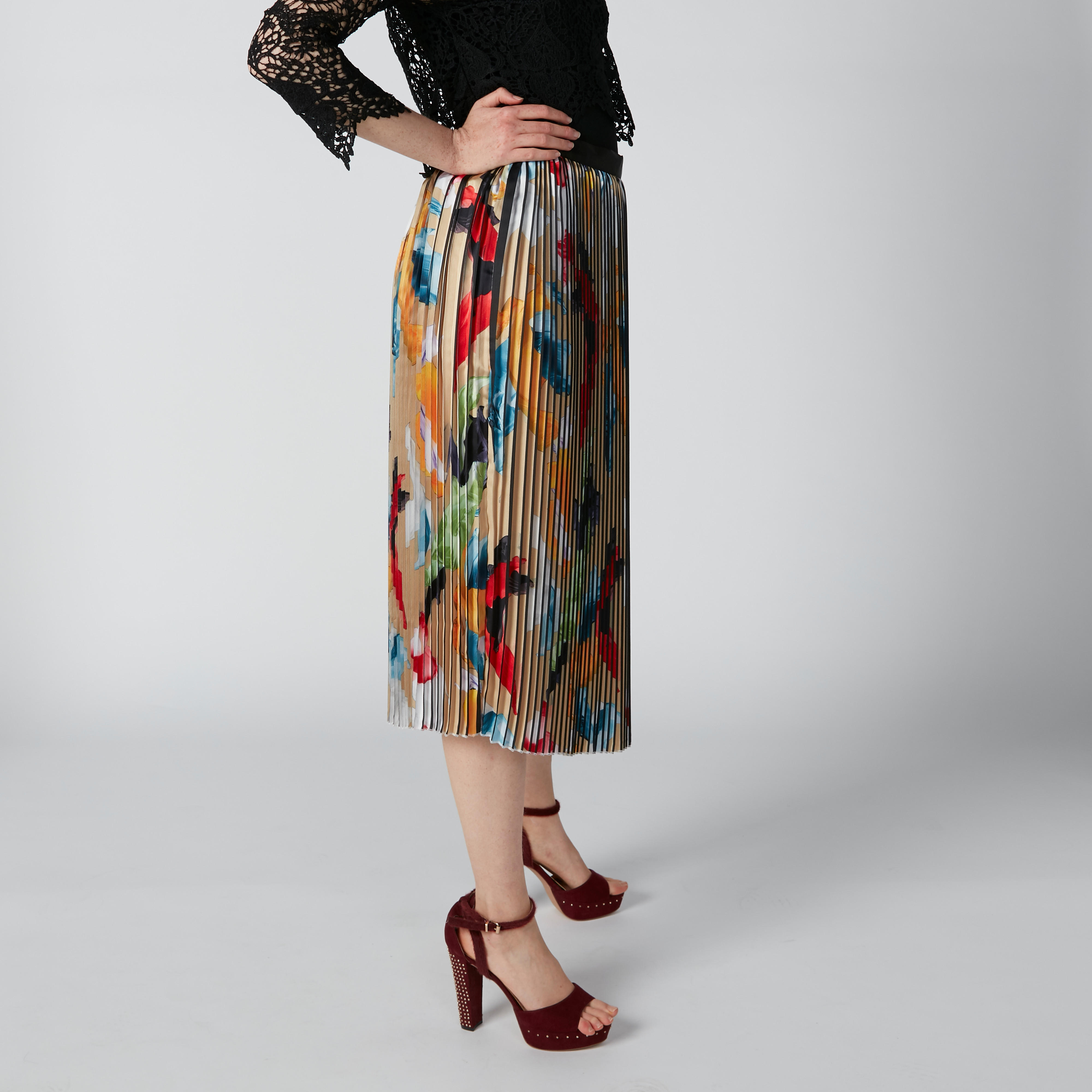 تنورة إيه لاين متوسطة الطول بثنيات وطبعات من إيل-women-clothing-bottoms-skirts-image-4
