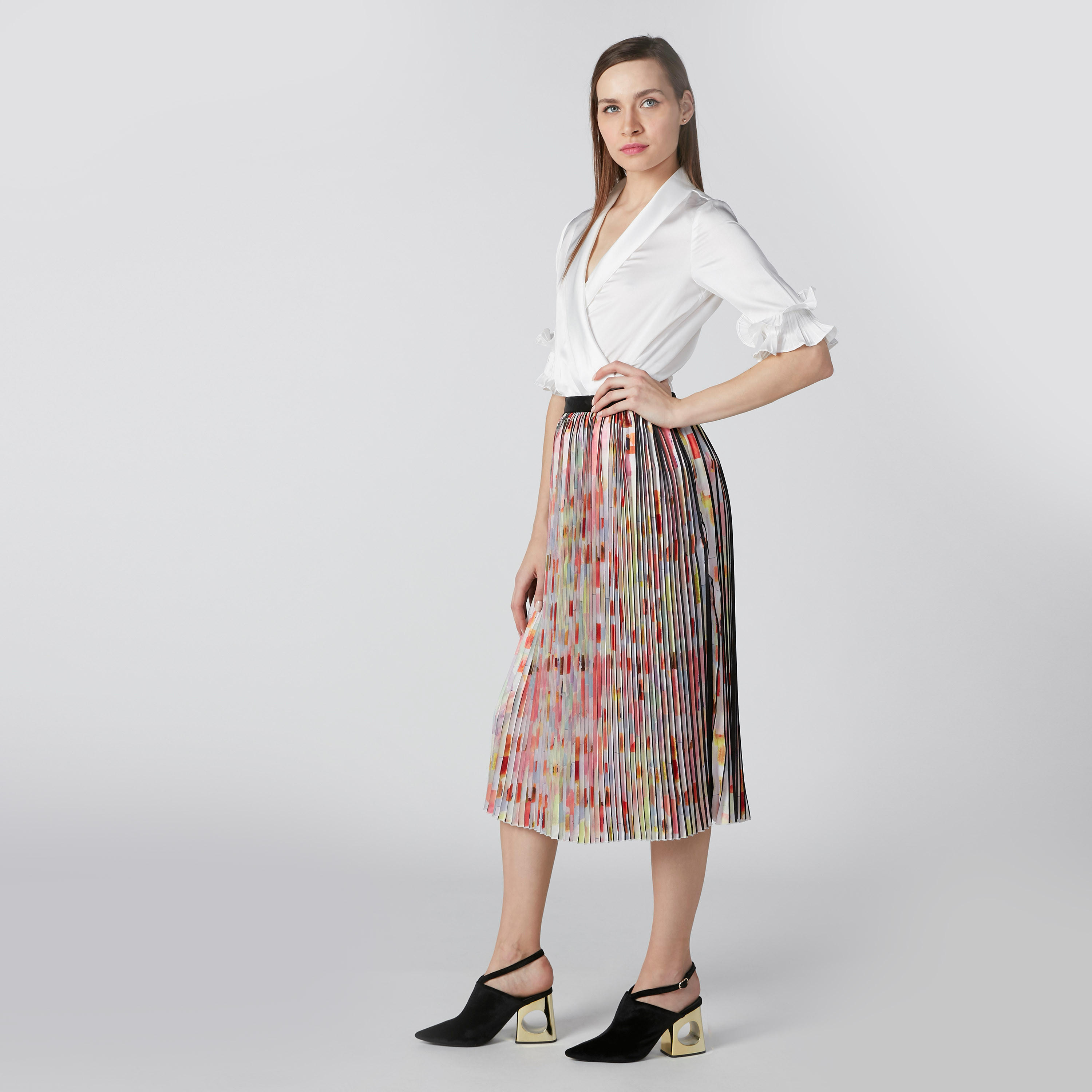 تنورة إيه لاين متوسطة الطول بثنيات وطبعات من إيل-women-clothing-bottoms-skirts-image-1
