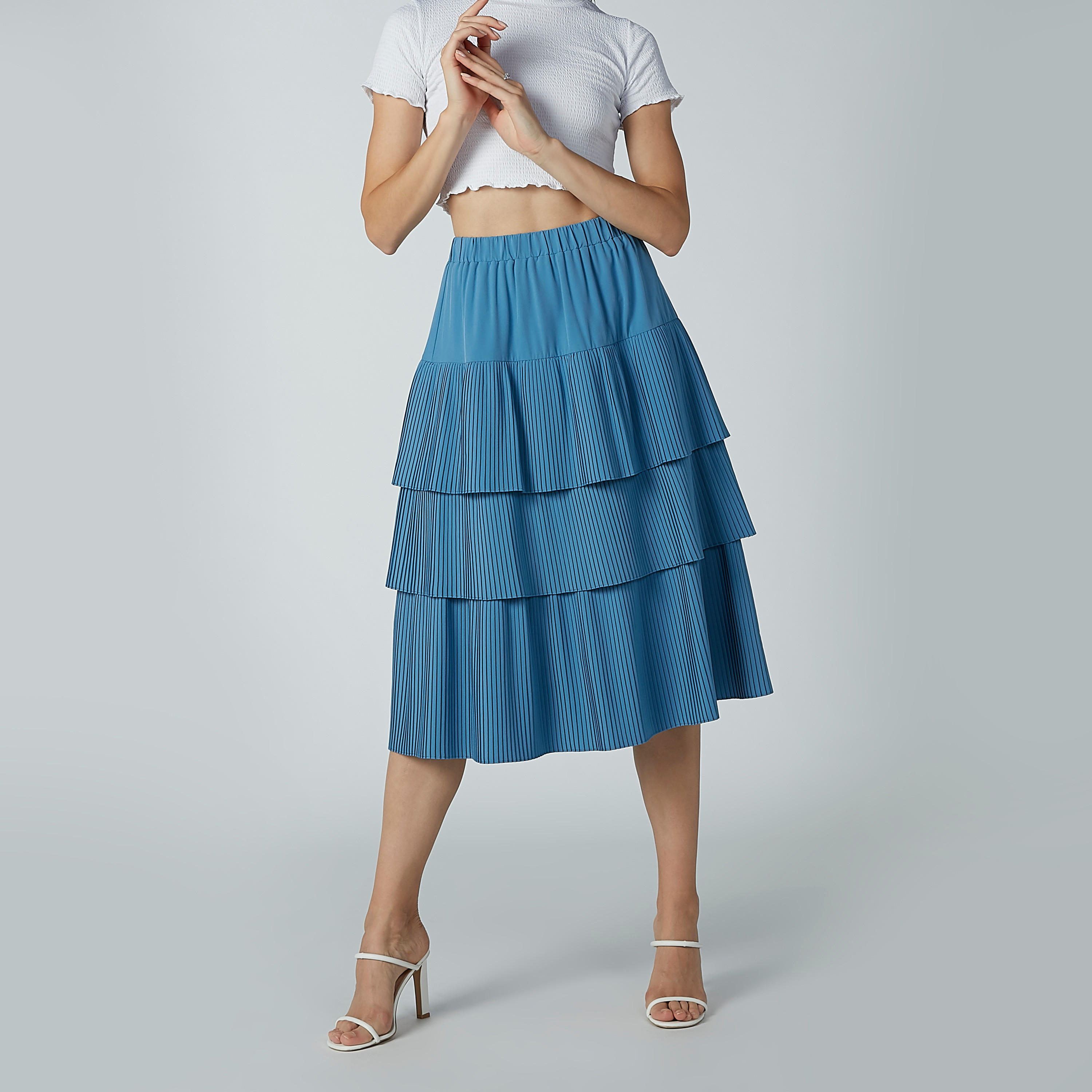 تنورة مقلّمة إيه لاين متوسطة الطول بتفاصيل كشكش وثنيات-women-clothing-bottoms-skirts-image-1