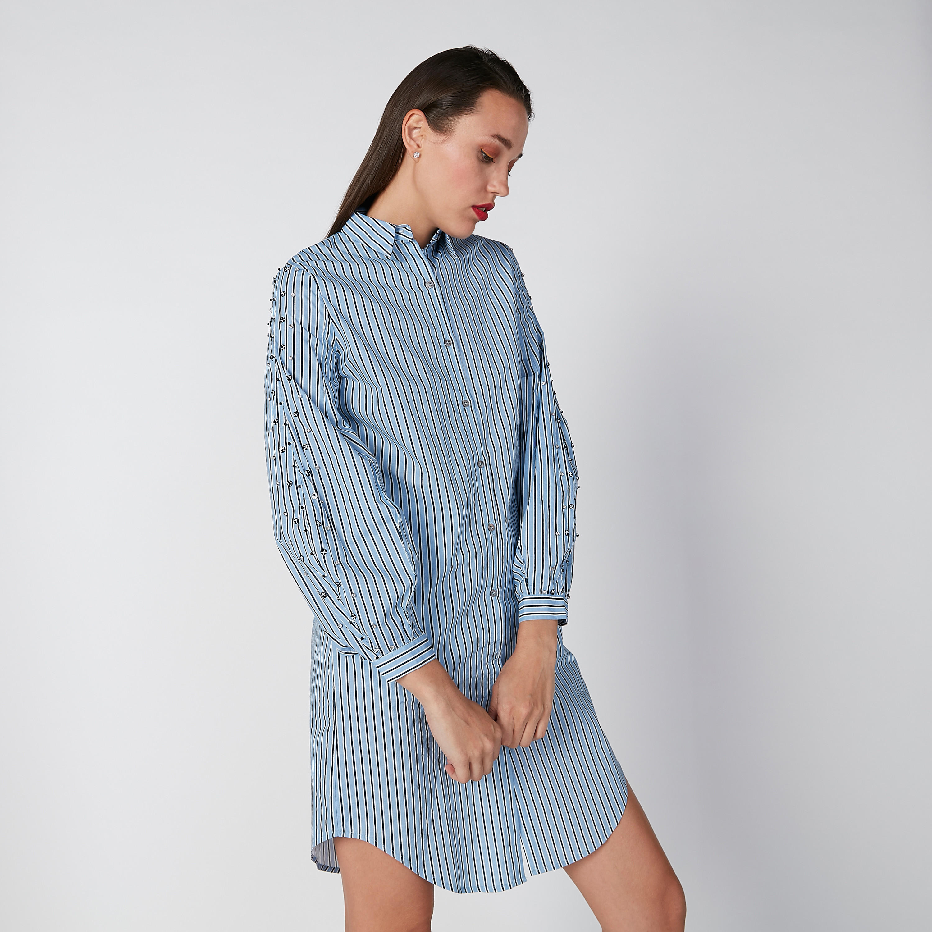 فستان مخطط بطول متوسط وبأكمام طويلة من إيل-women-clothing-dresses-image-1