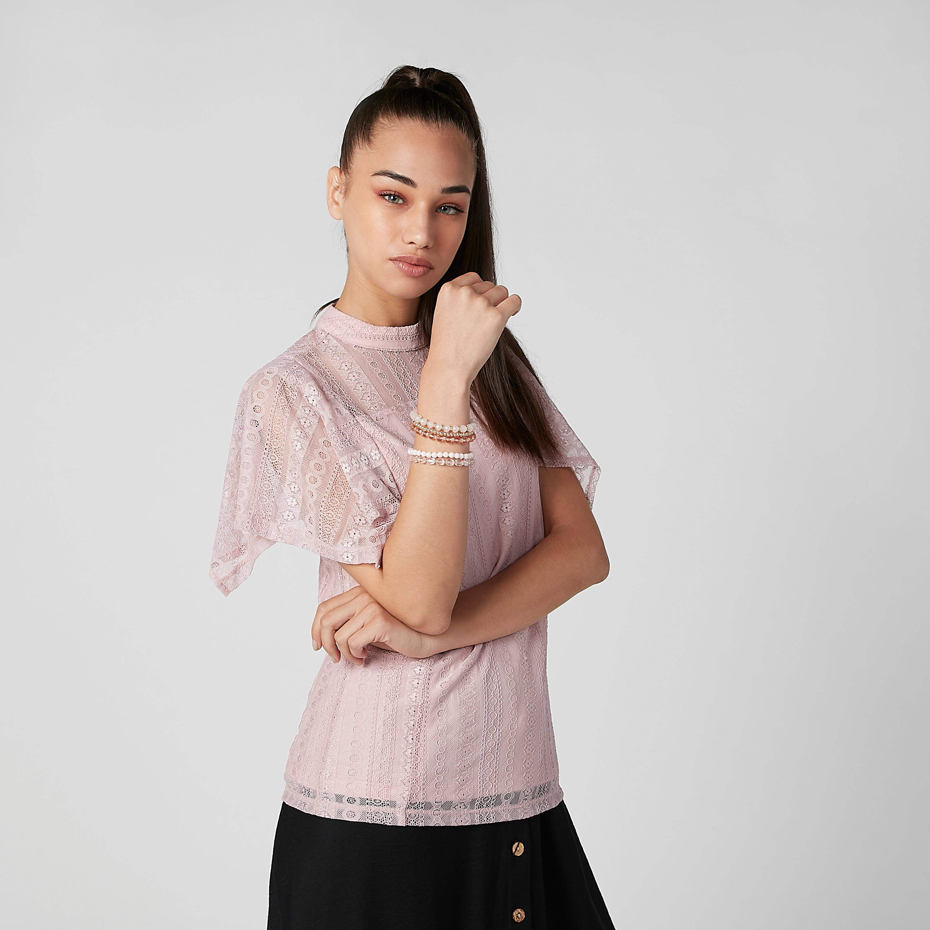 بلوزة بارزة الملمس بياقة عالية وأكمام واسعة من إيل-women-clothing-shirtsandblouses-blouses-image-4